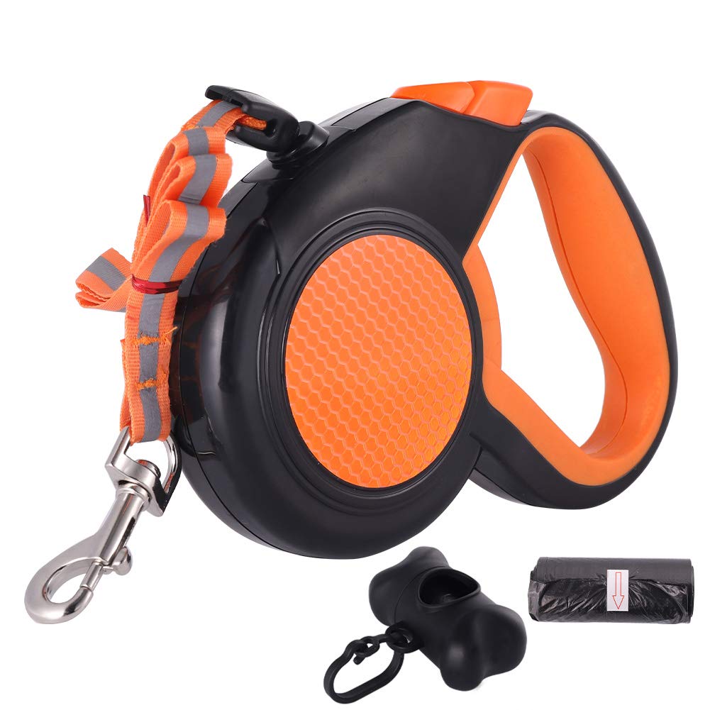 tao pipe Retractable Dog Lead with Waste Bag Dispenser 5M Long Dog Walking Lead for Medium Small Dog Up to 20KG One-Handed Brake, Pause, Lock(Orange)