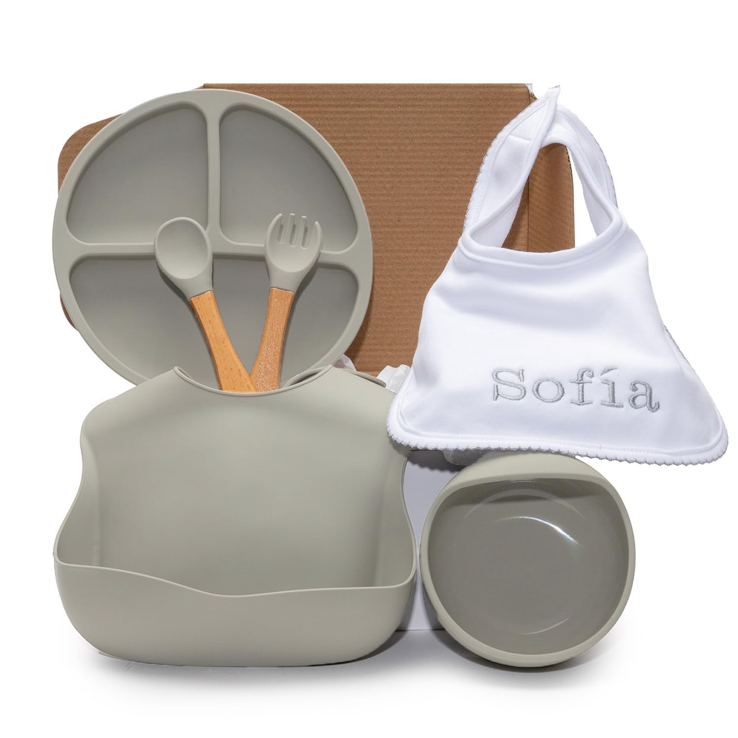 Regalo ecologico personalizzato per bambini | stoviglie in silicone e bavaglino ricamato con nome + biologico | fatto a mano in Spagna (Grigio | Set di Piatti + Bavaglino) | BebeDeParis