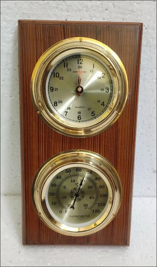 Brass & Wood Weather Station Thermometer with Clock - Indoor Outdoor Temperature & Humidity