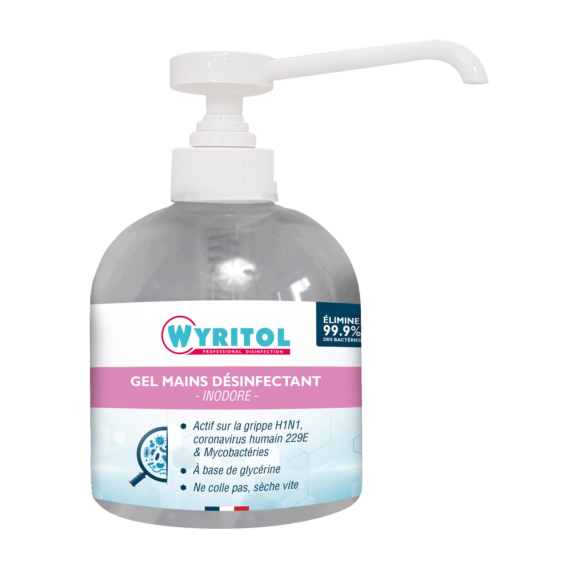 WYRITOL - Gel Hydroalcoolique Inodore - Désinfectant Mains Sans Rinçage - Formule Spéciale Peaux Sensibles Enrichie à la Glycérine - Fabrication Française - Flacon Pompe 300 ml