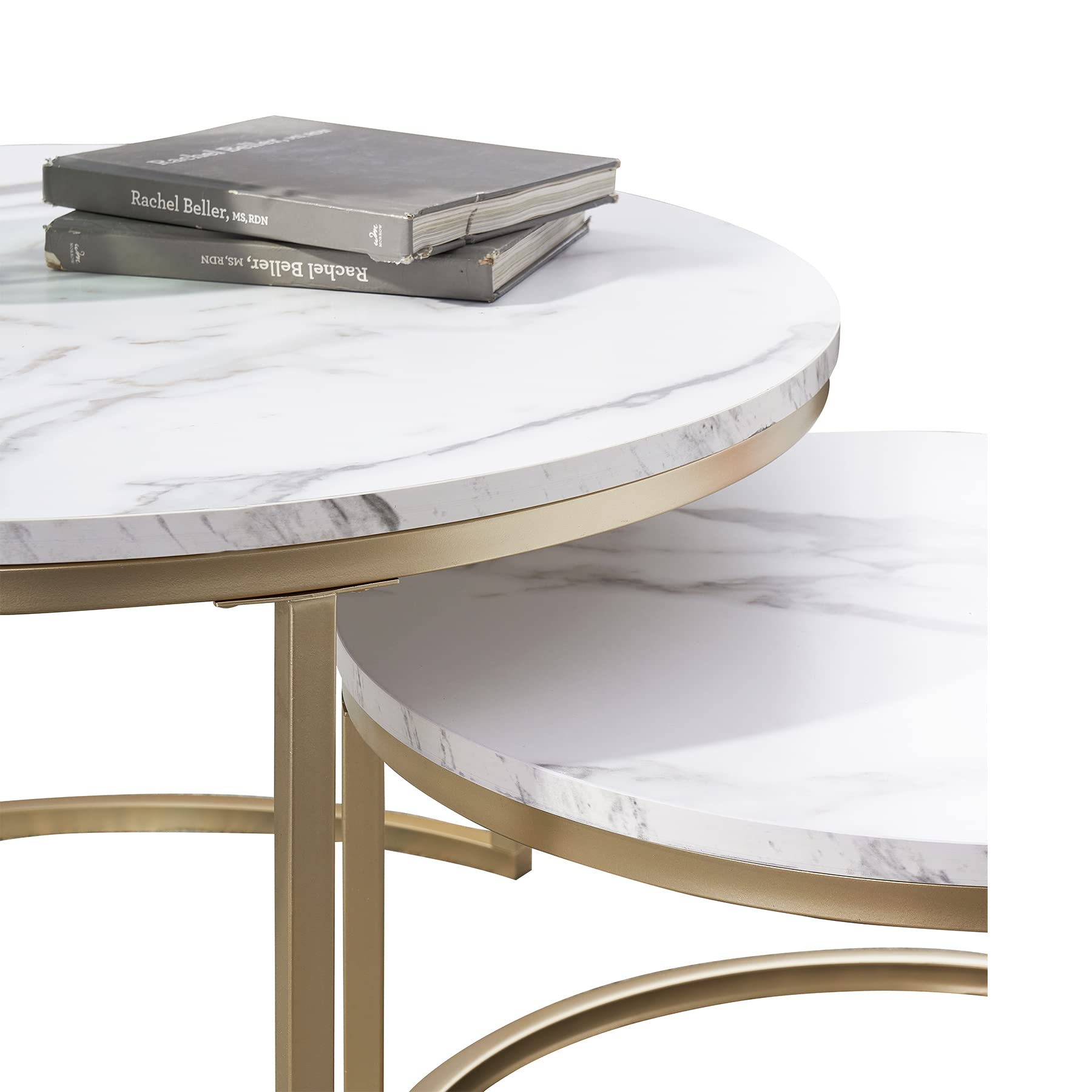Rund Satztische Couchtisch 2er Set, Moderner Nesting-Tisch mit Stabilem Metallgestell, Geeignet für Wohnzimmer, Balkon, Büro, Groß: 80 * 80 * 45cm; Klein: 60 * 60 * 35cm (Weiß/Gold)