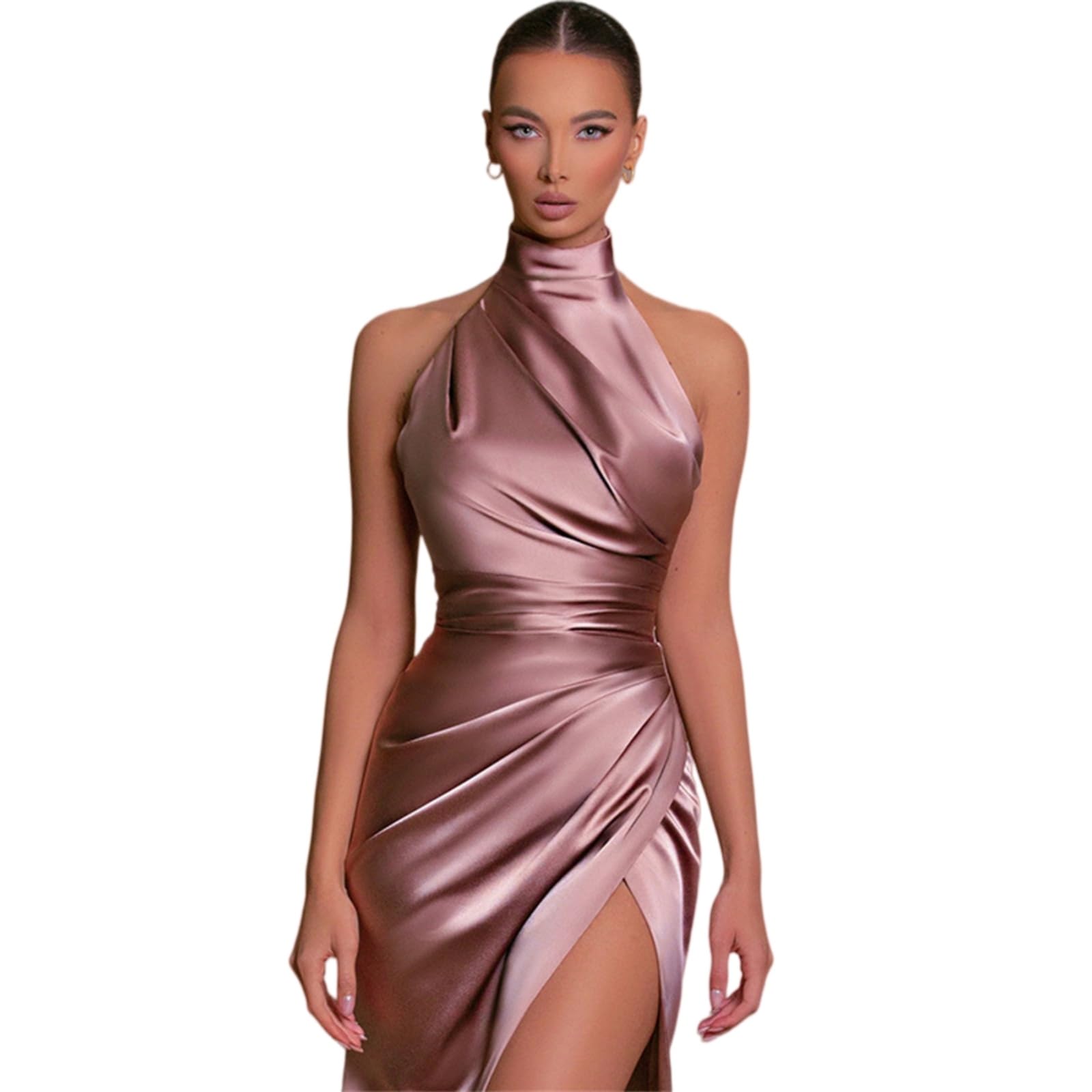 Damenkleid Elegantes Damen Satin Maxi Kleid Halter Hals Rückenlose Seite Schlitz Abendkleid Für Cocktail Party-Champagne-l