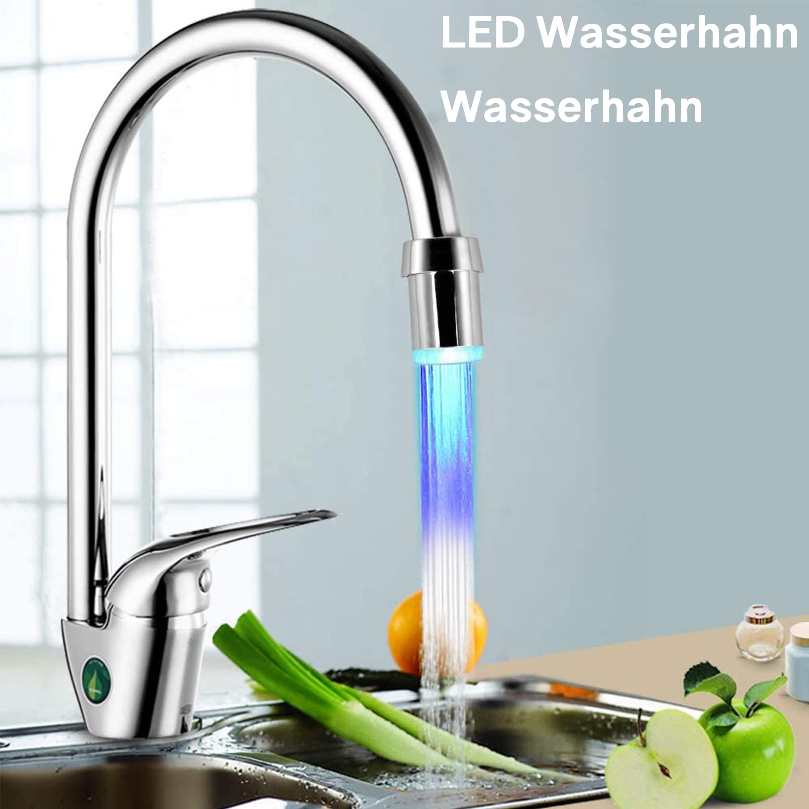 VIEVRE 2 rubinetti a LED, 7 colori, accessorio per rubinetto da cucina, risparmio d'acqua bluegreen