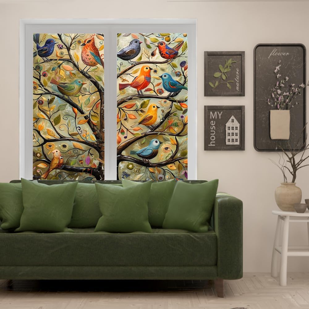 Rustic Boho Tree of Life Stained Glass Window Privacy Film Watercolor Colorful Tree Forest Wildlife Birds Opaque Window Sticker for Home Bathrooms 2 Panels 31.5" W x 47.2" L