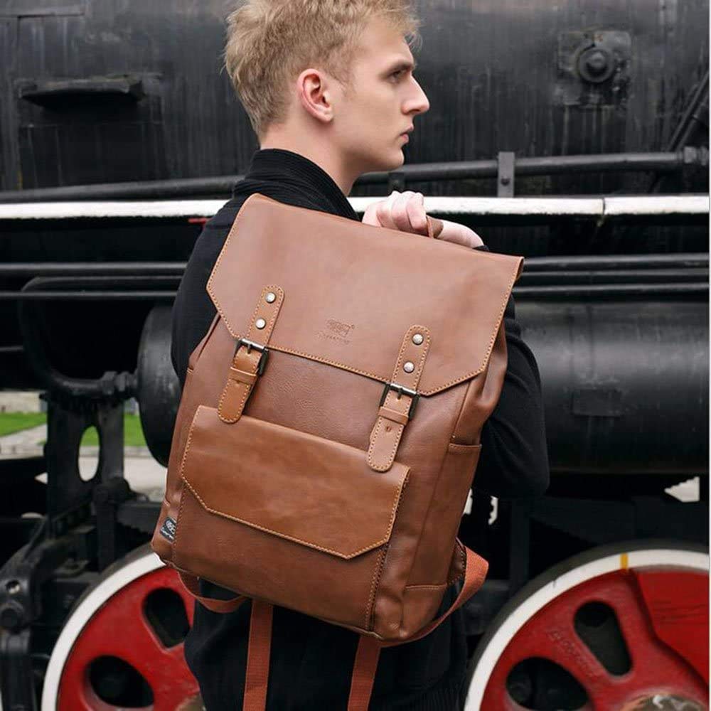 Retro PU-Leder Vintage Rucksack Wanderrucksack Damen Herren Schultertasche, L, Braun 1