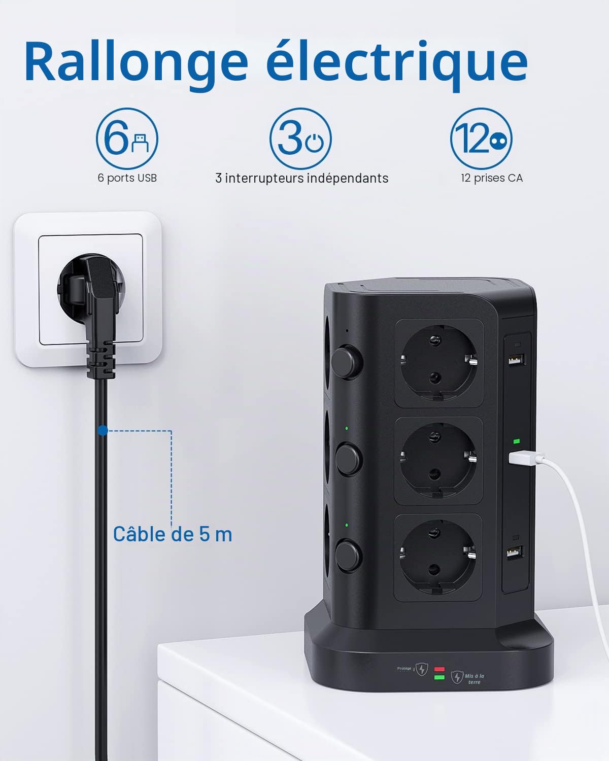 KOOSLA Tour Multiprise, 12 Prises, 6 USB, 5M, Noir | 12 Prises, 6 USB, 4000W/16A, 3 Interrupteurs, Parafoudre, Câble 5M, Bureau