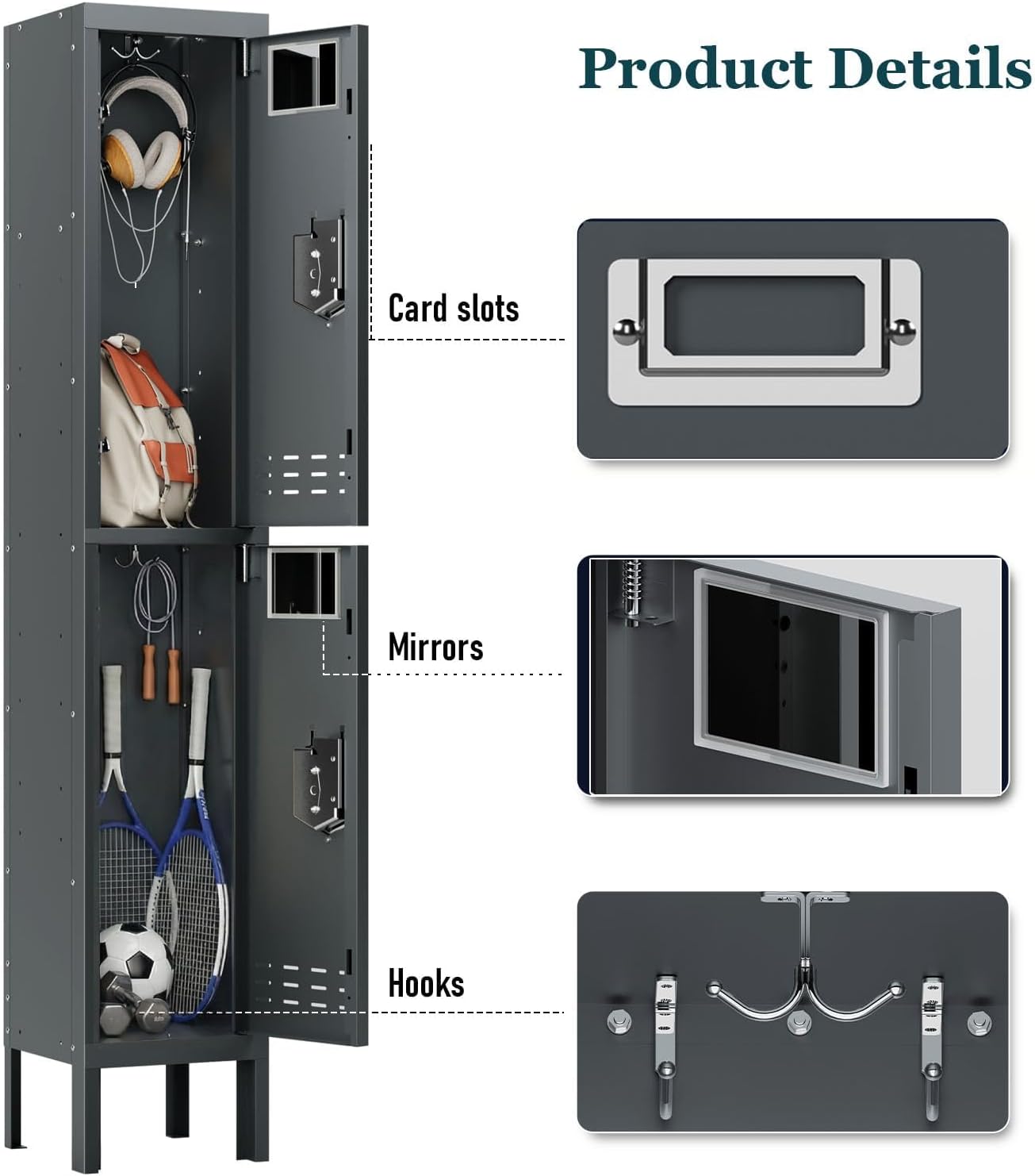 BUTISOW Metal Storage Locker with Lock & Card Slot Locker - Secure Lockable Door - Steel Locker for School, Office, Gym, Home - 66.15" H x 11.8" W x 11.8" D（2 Door, Grey）