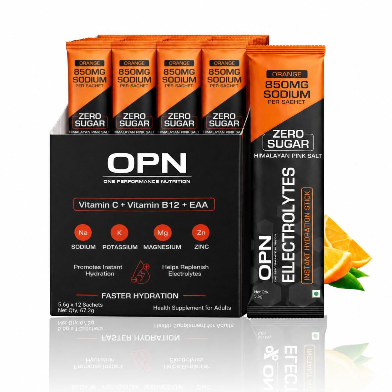 [BRSRGCALAR7AM234] OPN Electrolytes Orange Flavour | 850mg Sodium | Zero Sugar Hydration Powder | Vitamin C, B12 + EAA | (Pack of 1) 12 Sachets