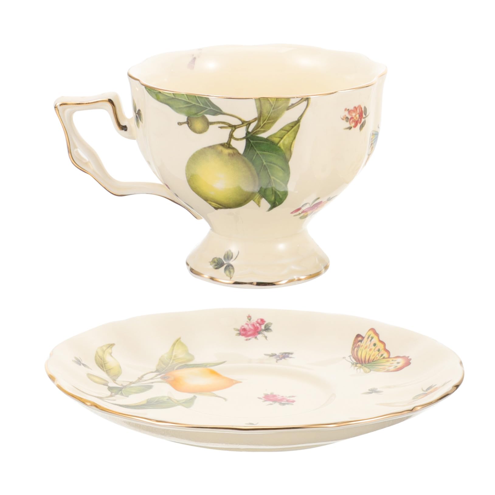 Tazza Cappuccino in Ceramica con Piattino Vintage Stile Francese Design Elegante con Motivo Farfalla e Fiori Tazza Latte Grande Bocca per Tè e Caffè per Uso Domestico e Pomeriggio