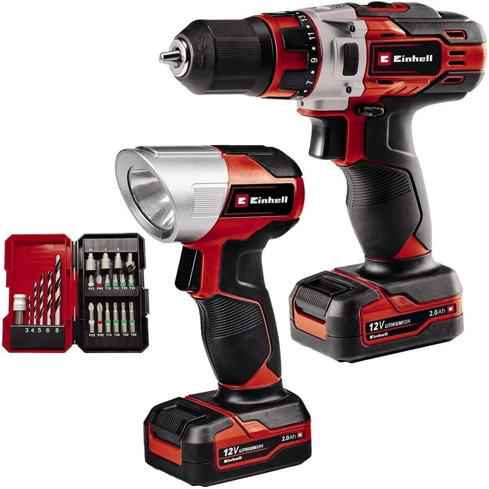 Einhell TE-CD 12/1 Li +22+CL Battery Drill Set (Li Ion, 12V, Max. 30Nm, 2 Speed Gears, Incl. 2 Batteries 2.0 Ah, Charger, Bit Set/Drill Bit Set 22 Pieces, Lamp with Battery)