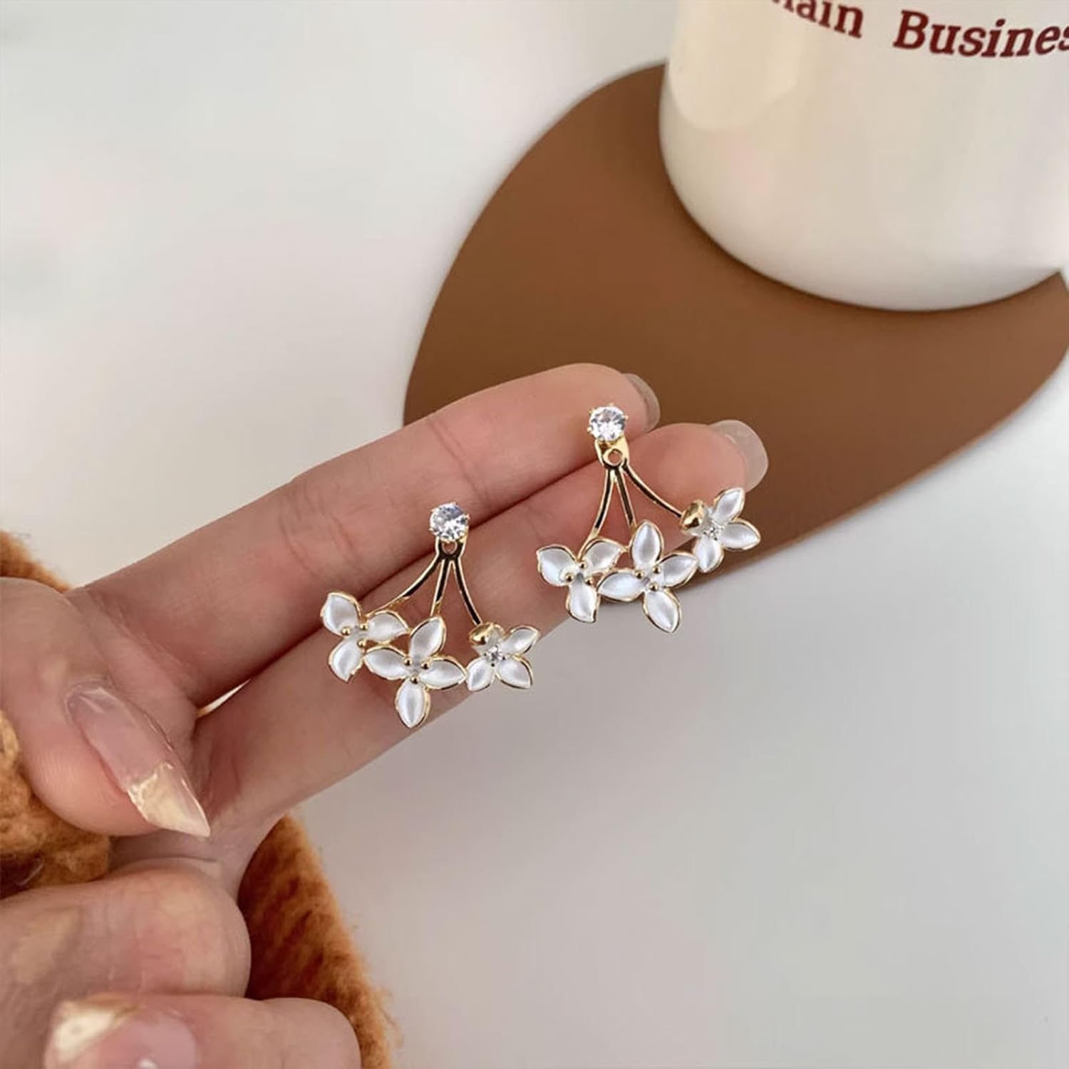 Bohemian Flower Crystal Jacket Earrings Vintage Crystal Earrings White Flowers Earrings Gold Crystal Stud Earrings Rhinestone Flowers Earrings Crystal Front Back Earrings Jewelry for Women - Image 5