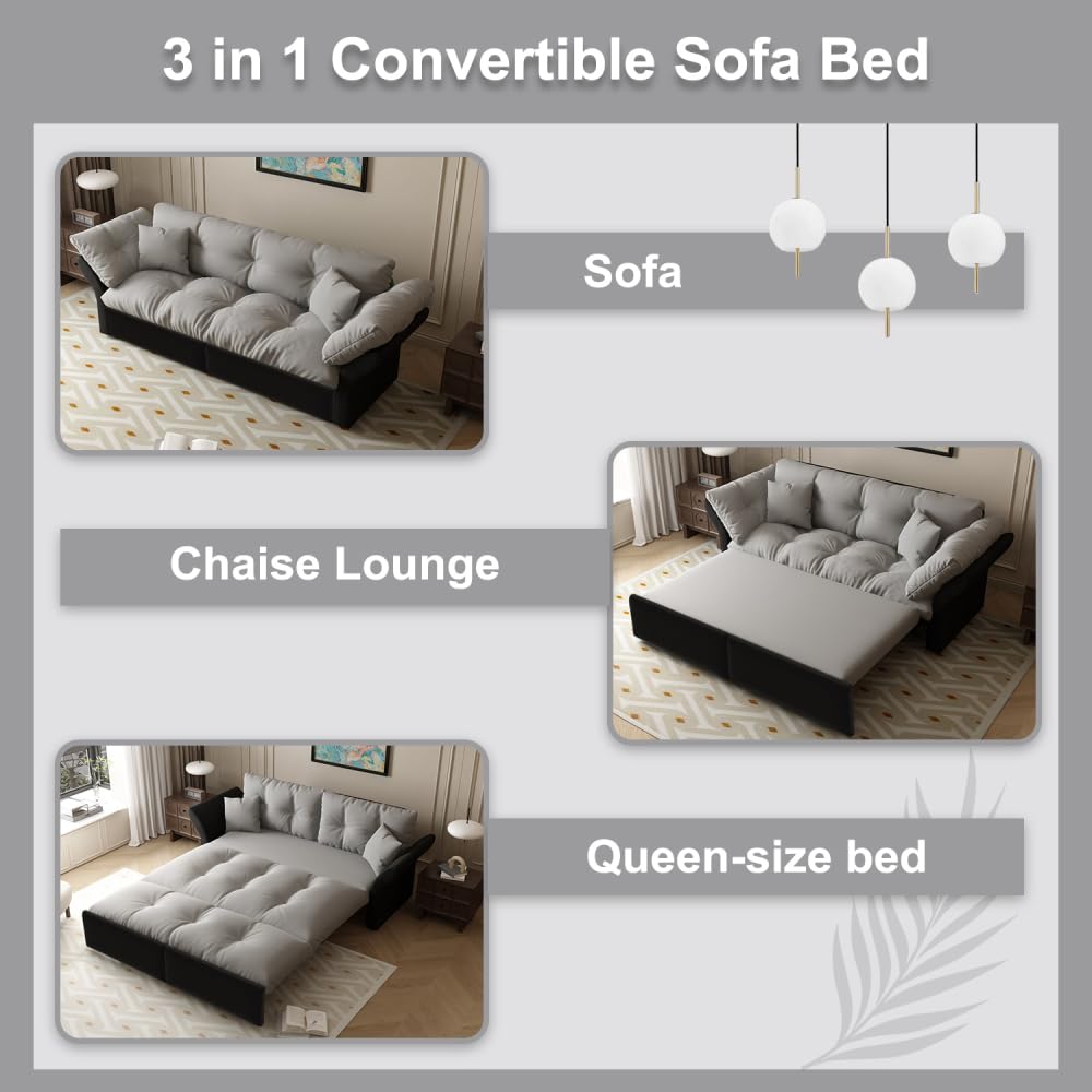 Sapgaks Canapé lit gigogne 190 cm (Taille Queen),canapé Convertible 3 en 1 avec capitonnage et 2 Coussins Moelleux, revêtement en Velours Multifonctionnel (Gris Clair)