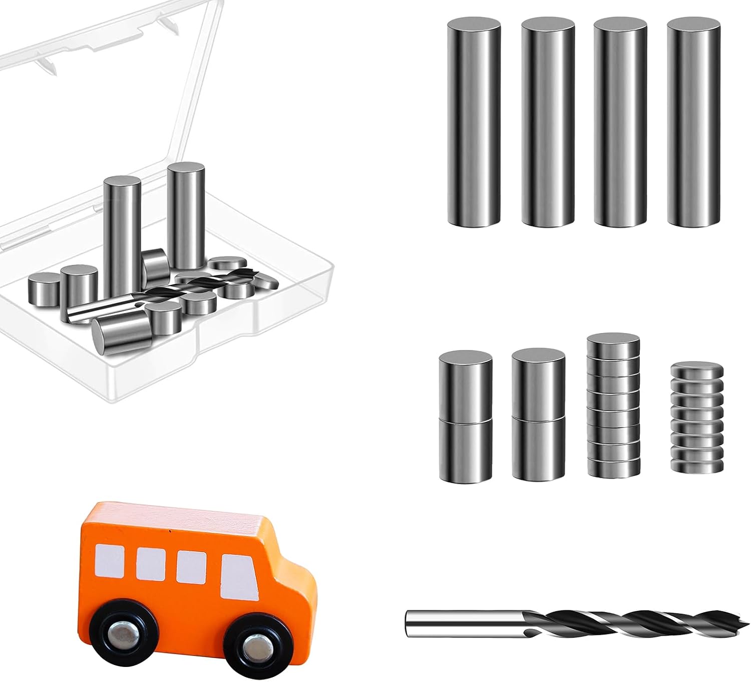 24 PCS 6.8 Ounce Cylindrical Stainless Steel Weights for Pinewood Derby Cars, 4 Different Sizes of Cylinders to Speed Up Your Car