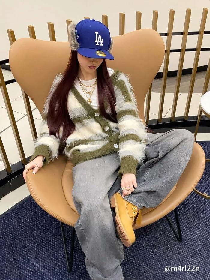 Aelfric Eden Color Blocking Striped Fuzzy Cardigan Crewneck Vintage Oversized Button Down Knit Cardigans Sweater Tops - Image 3