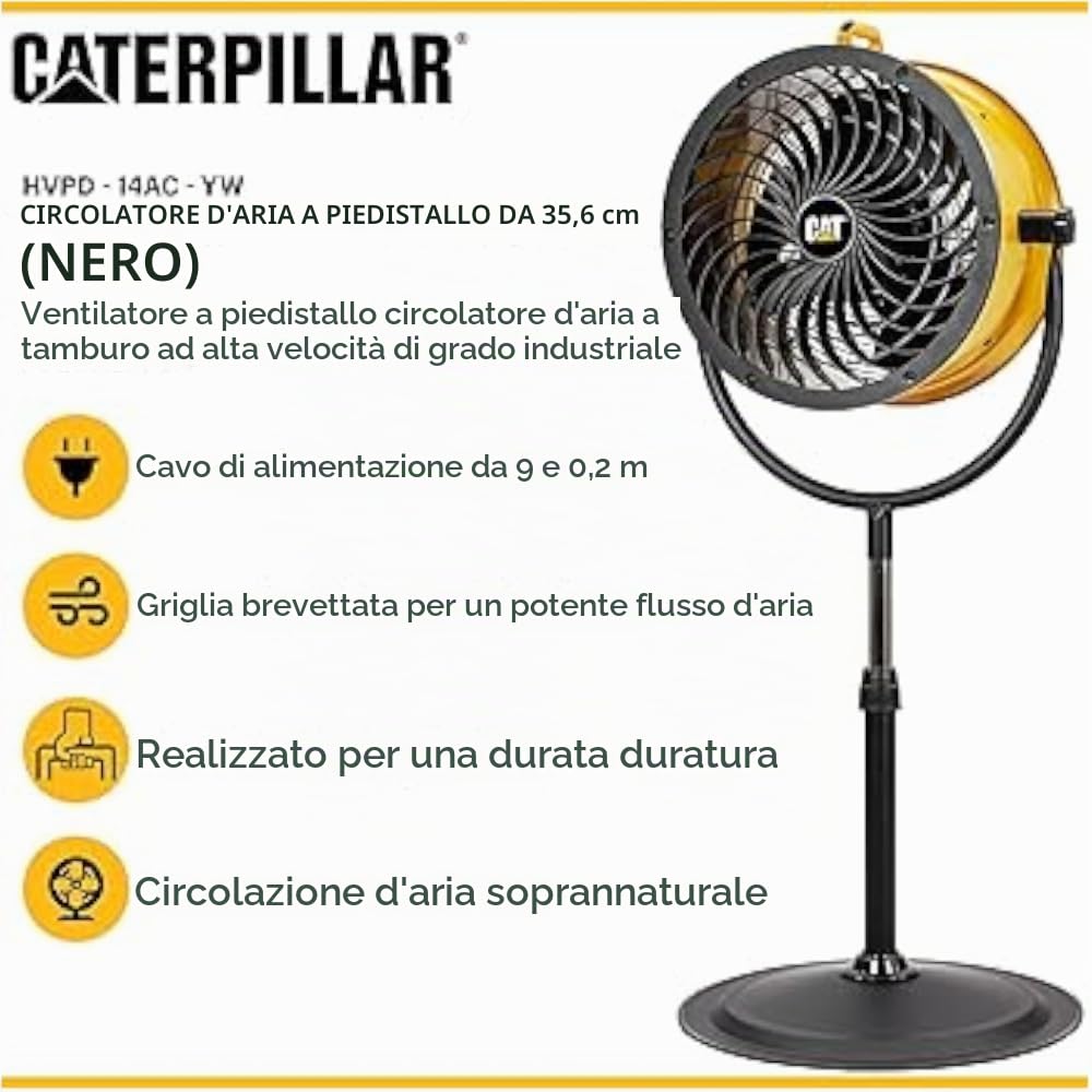 CAT Ventilatore a Piantana HVPD-14AC CT004 Ø 35 cm 120W 4 Velocità 7 m/s 65 m3 al minuto 135 cm Altezza 3m Cavo Ventilatore Potente per Casa e Ufficio