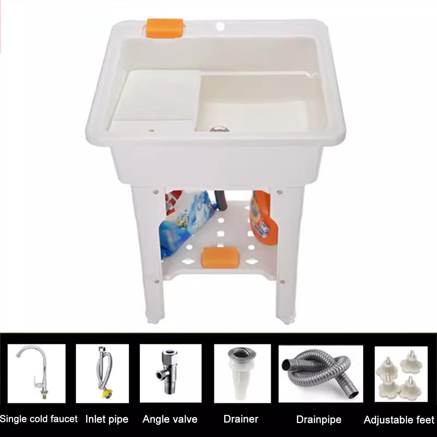 Fregadero De Plástico PP con Tabla De Lavandería, Fregadero Independiente Lavabo De Limpieza con Pies Ajustables, Capacidad De Carga 200 Kg para Cuarto De Lavado, Garaje