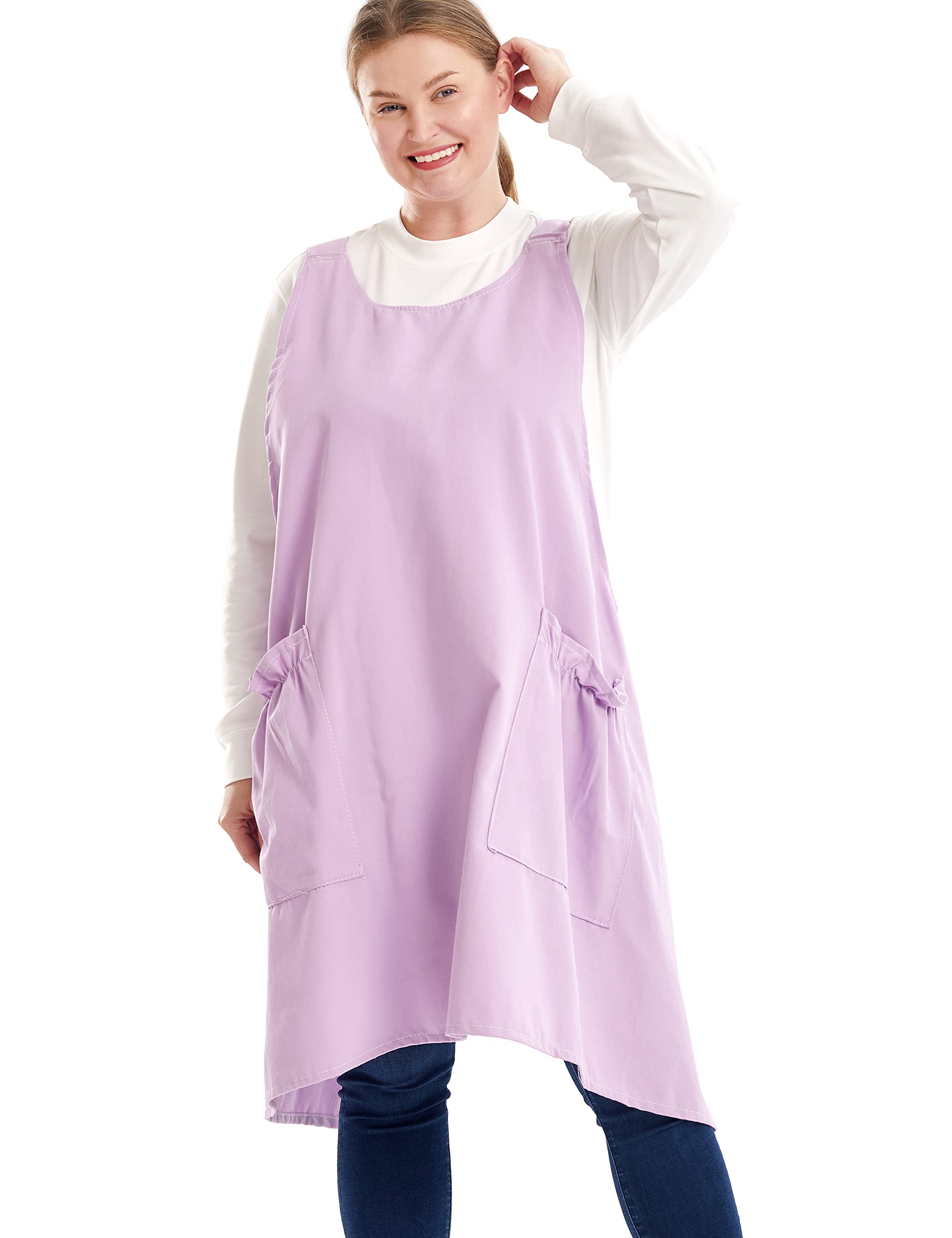 Big Plus Size Aprons for Women with Pockets Cotton Linen Baking Kitchen Cooking, Lavender, Large