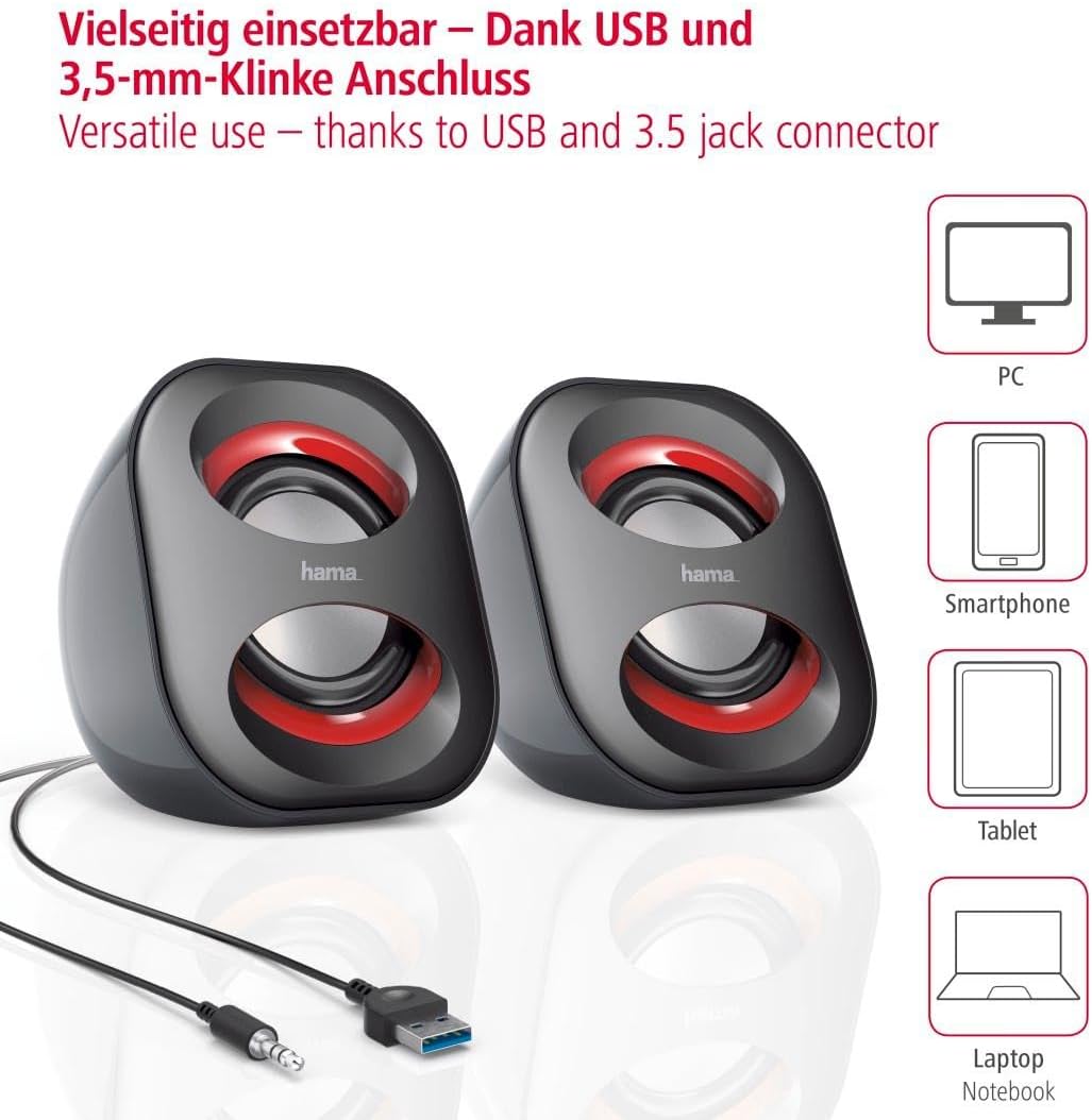 Hama Sonic Mobile 183 PC Speaker USB 3.0 3.5 mm Jack 3 W Active Boxes for Computer, Laptop, Notebook, Smartphone, Tablet, Black/Red