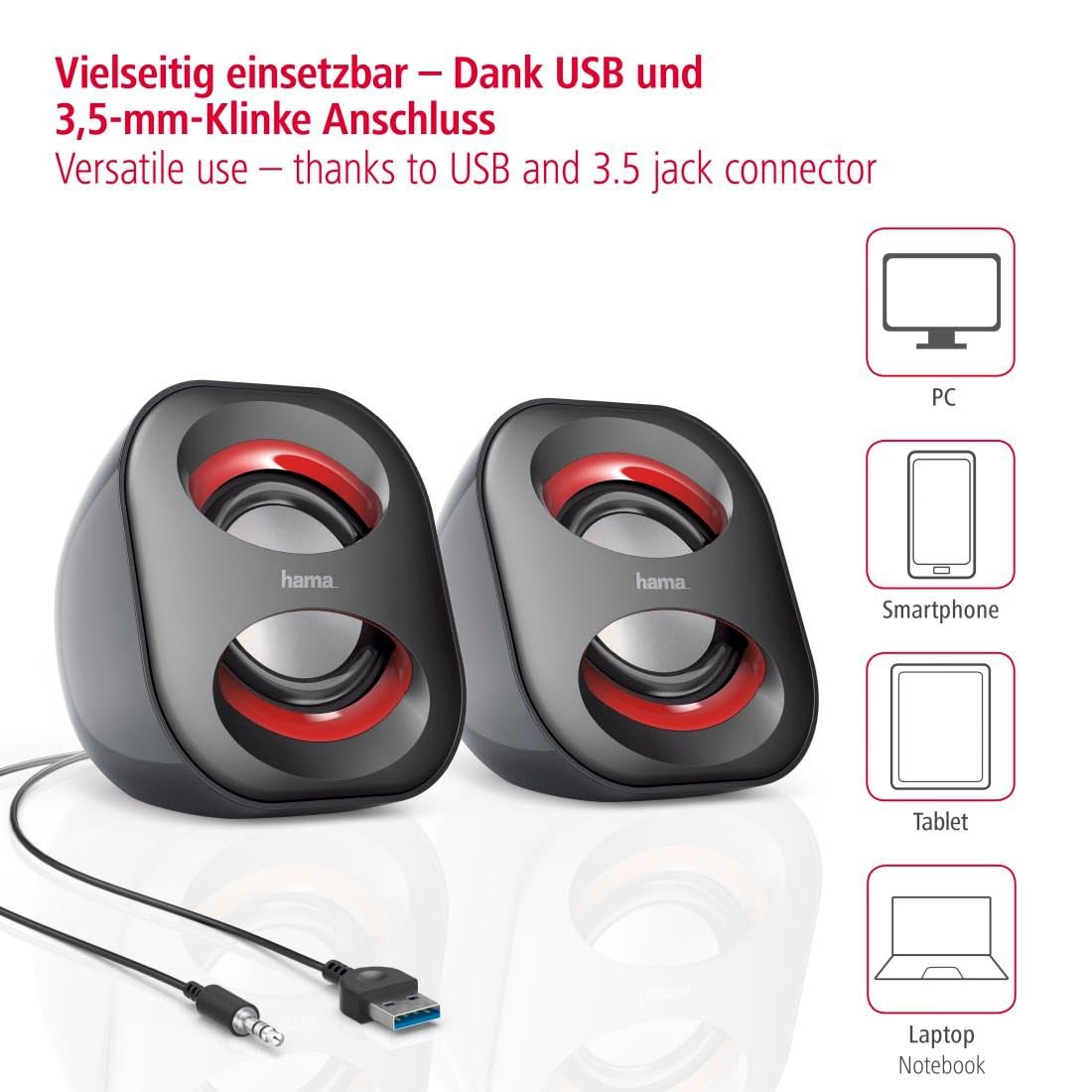 Hama Casse Sonic Mobil 183 per Notebook, RMS 2x1.6W, Connessione USB, Nero/Rosso