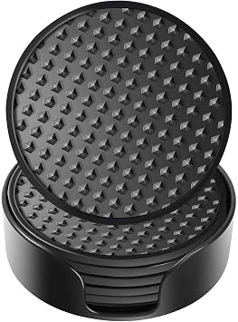 Silicone Coasters 6 Pack with Holder, Drink Coasters Set for Hot & Cold at Bar, Desk, Tabletop-Protection, Round Cup Mat Non-Slip for Any Cups, Thickened Non-Stick Deep Tray Coffee Table Decor,Black