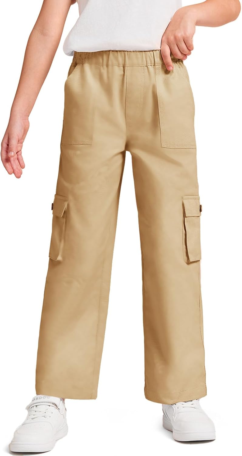 Haloumoning Girls Cargo Pants High Elastic Waist Kids Straight Leg Twill Trousers with Pockets 5-14 Years Haloumoning Girls Cargo Pants High Elastic Waist Kids Straight Leg Twill Trousers with Pockets 5-14 Years