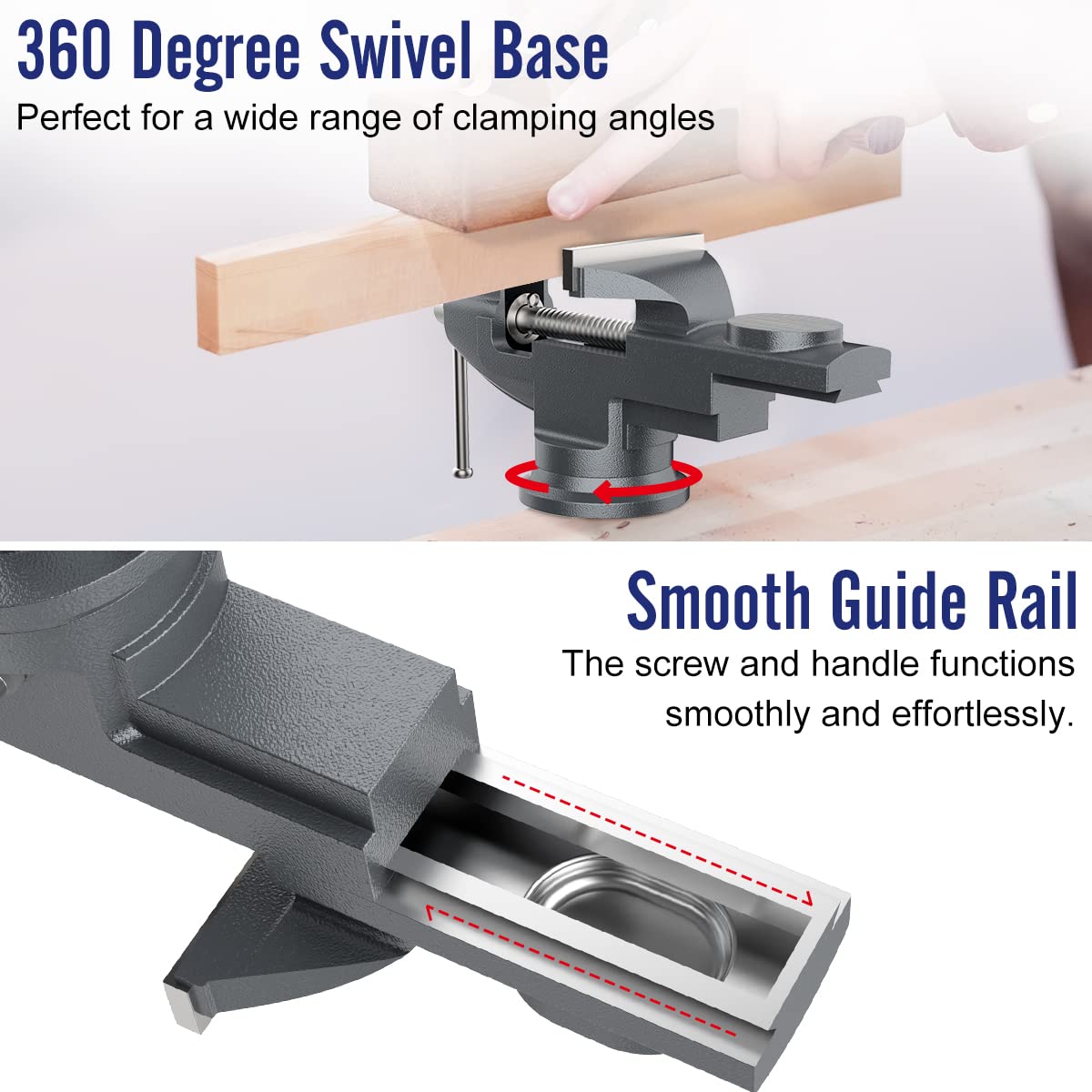 Housolution Tornillo de Banco Mordazas Universal 70 mm, 360° Grado Abrazadera de Banco de Base Giratorio Multiángulo, Herramientos Portátil Hogar de Reparación con Agarre para Mesa, Carpintería - Gris