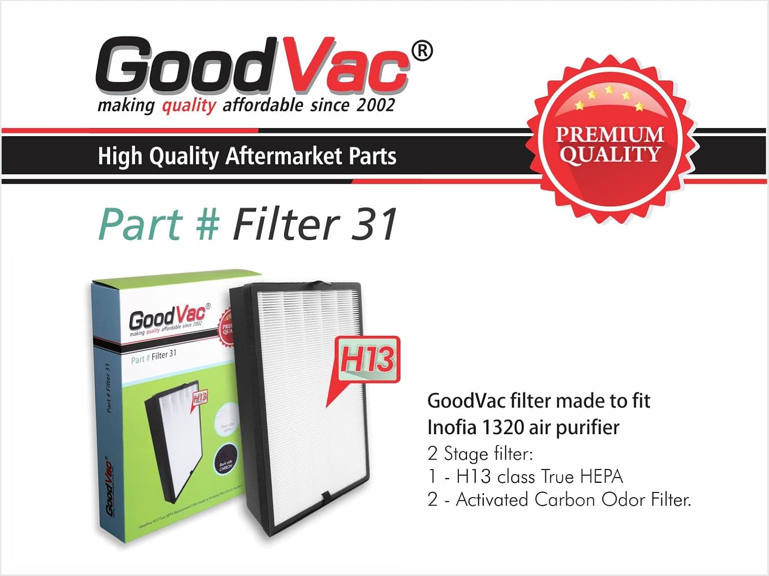 H13 Replacement Filter made to fit Inofia 1320 Air Purifier (PM1320)