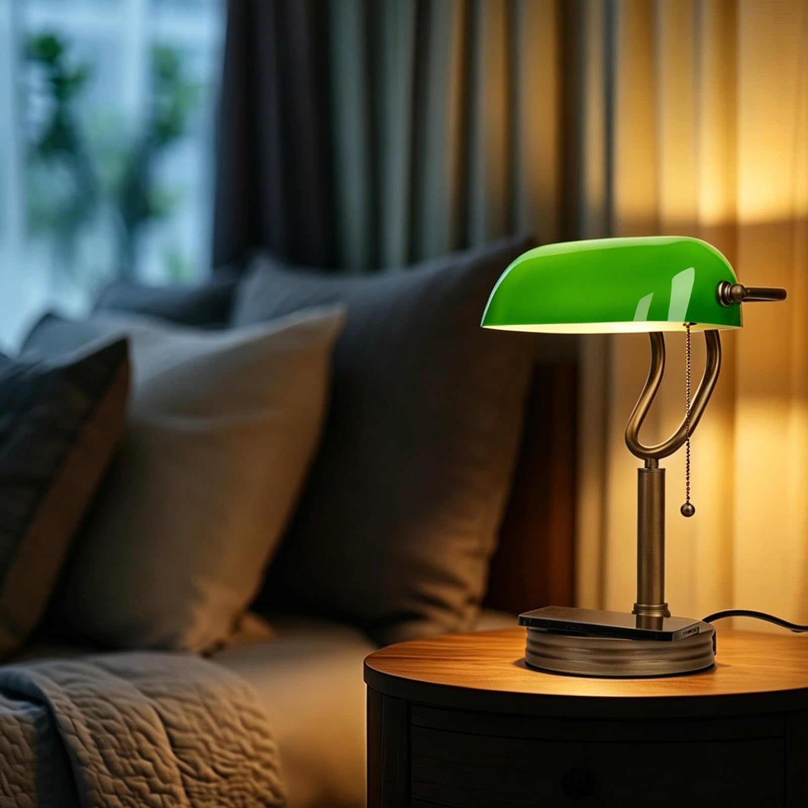 Banker-Tischlampe mit grünem Glasschirm, Retro-Stil mit USB-Anschluss und kabelloser Ladefunktion, messingfarbener Zugschalter, geeignet für Schlafzimmer, Arbeitszimmer und Büro