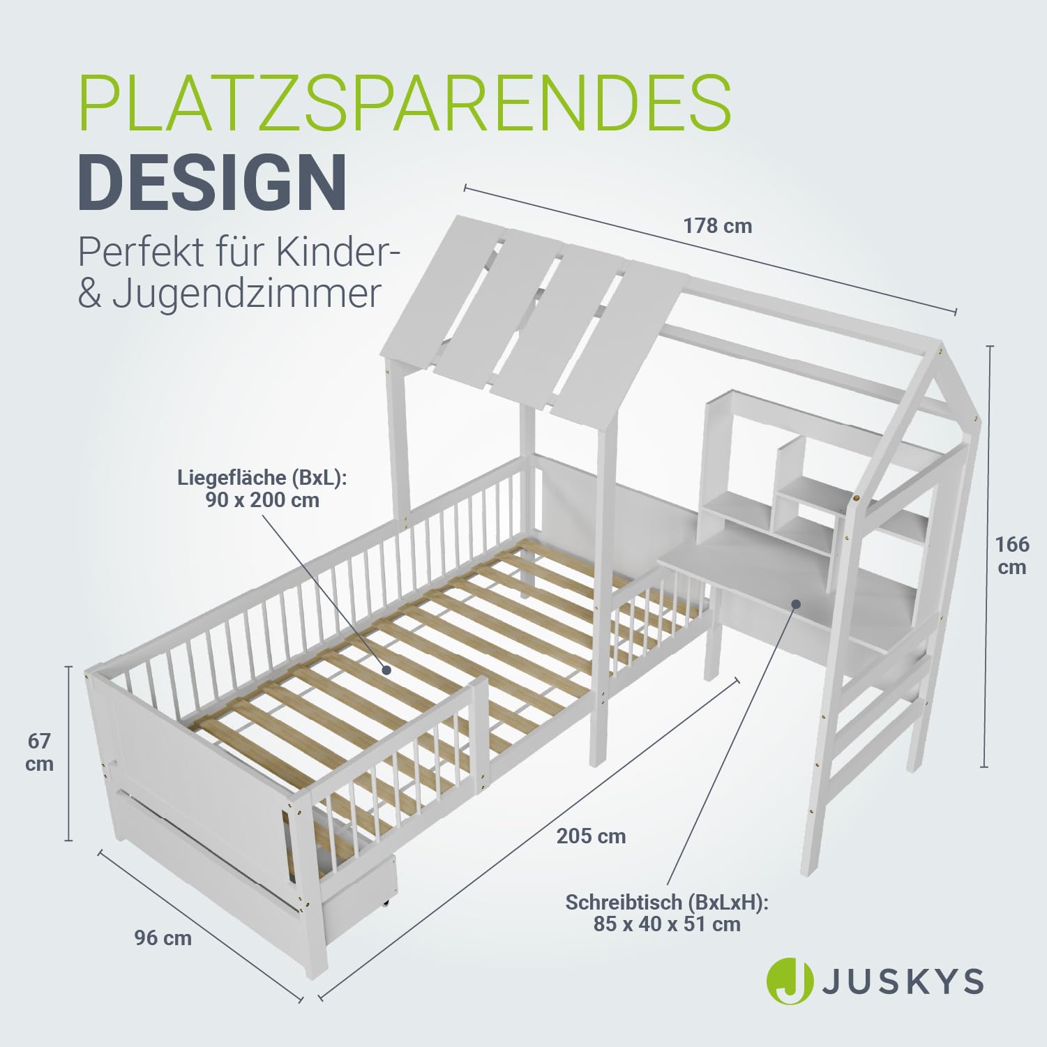 Juskys Kinderbett Yari 90x200 cm - Einzelbett mit Schreibtisch & Schublade, Kiefernholz & Langlebige Materialien, Verspieltes Haus-Design - Weiß