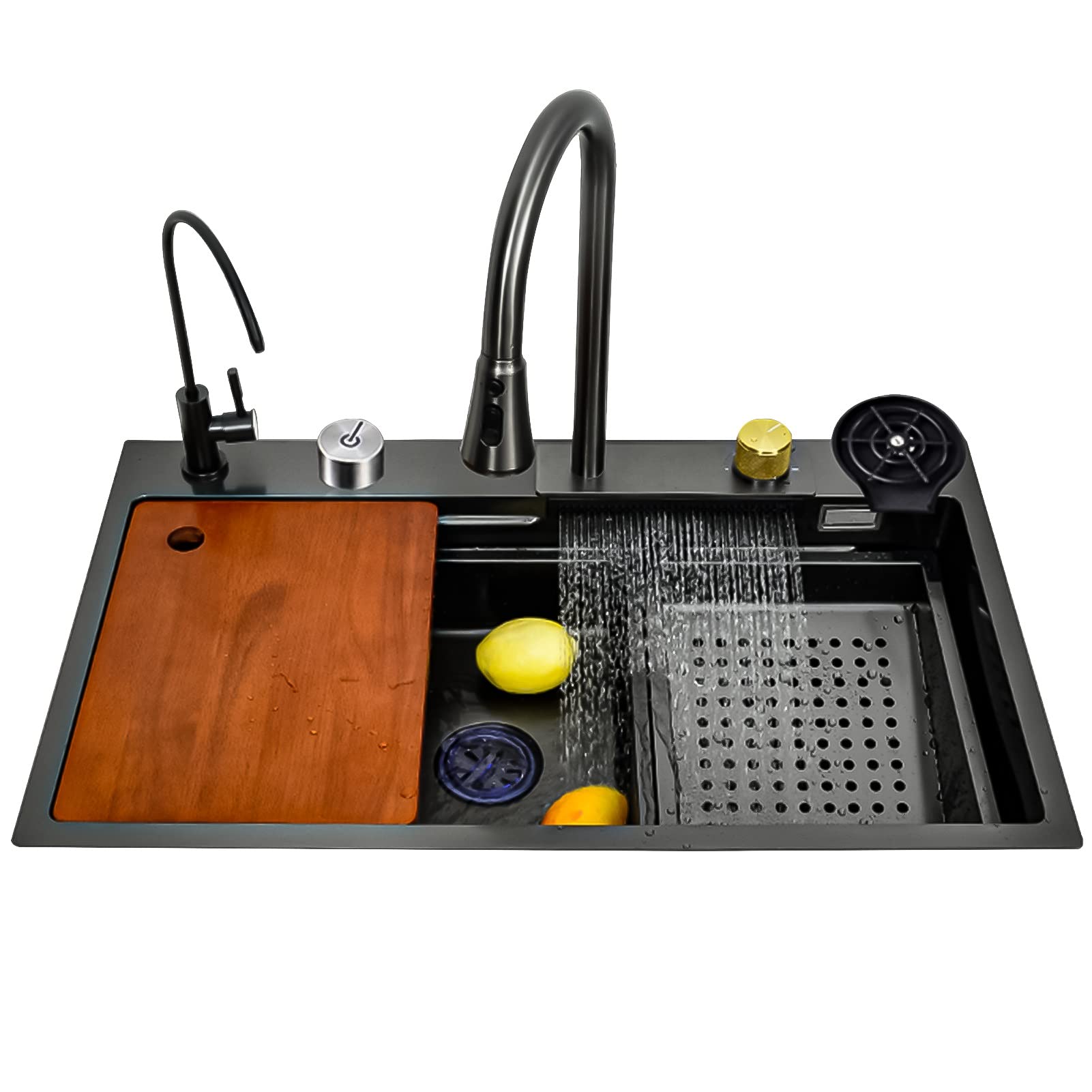ZQFHSX Waterfall Sink Kitchen Stainless Steel Topmount Large Single Slot Wash Basin With Multifunction Touch Faucet, Easy To Clean (Size : 80x45cm)