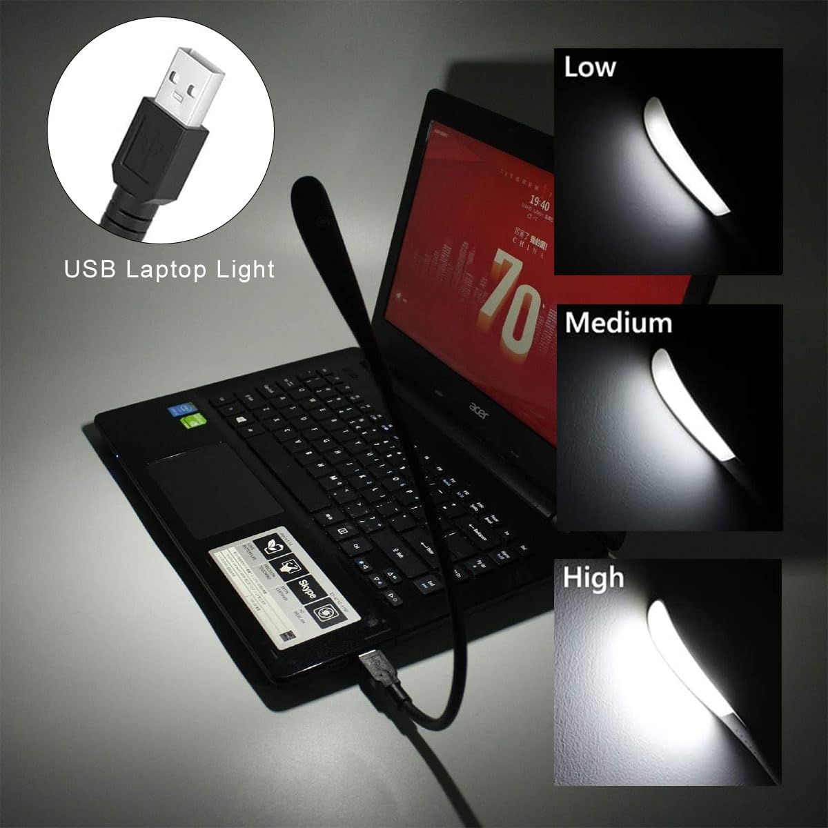 Lampa USB, możliwość ściemniania, lampa USB, lampka do czytania USB, 3-stopniowa regulacja jasności, lampka nocna LED, mini USB do laptopa, 14 diod LED, lampa typu łabędzia szyja, przełącznik