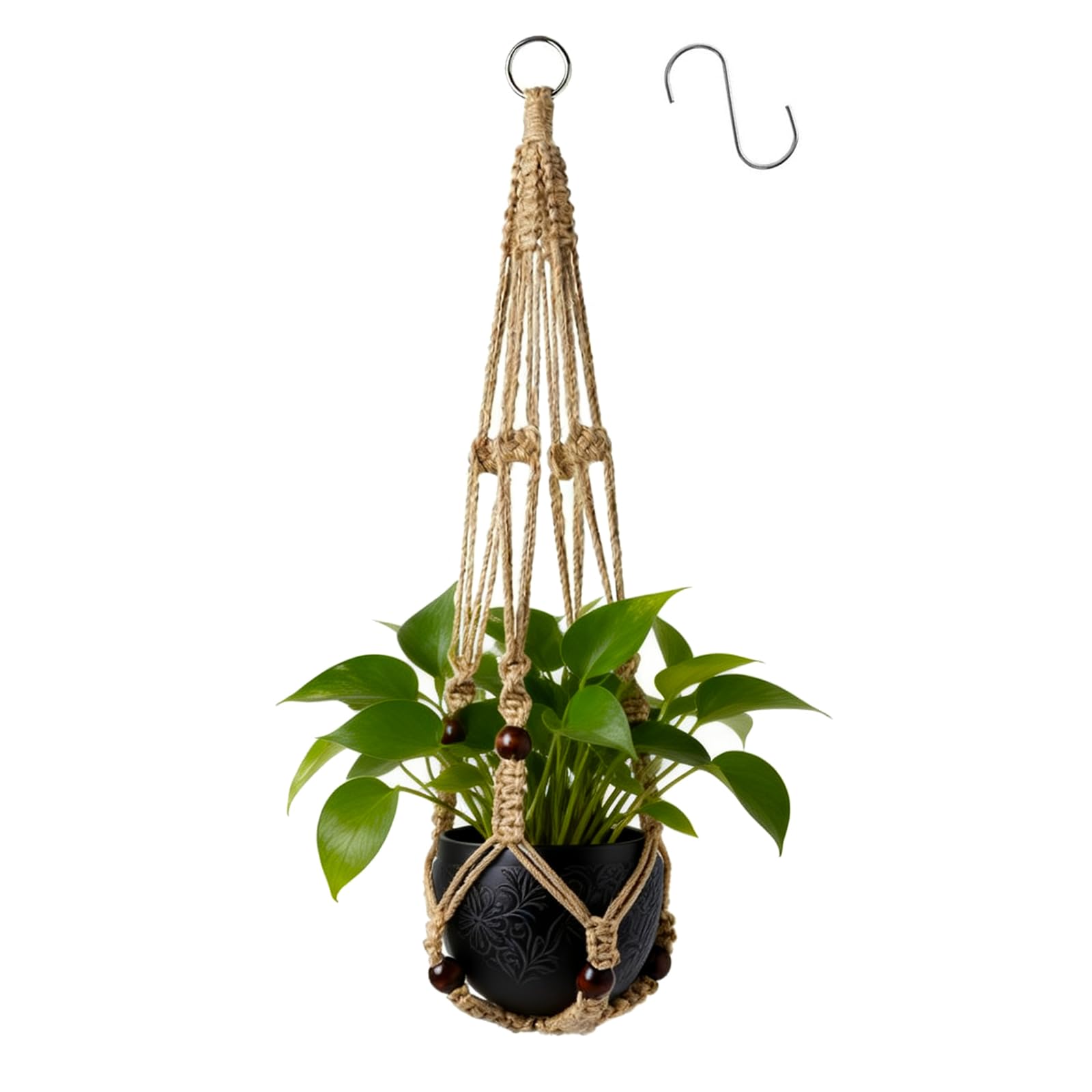 Apstaqeoo 1PC Hanging Planters for Indoor Plants, Jute Rope Hanging Basketwith S Shaped Hooks Hanging Plant Holder Flower Pot Holder No Tassels for Outdoor Garden Ceiling Window Home Decor (Brown)