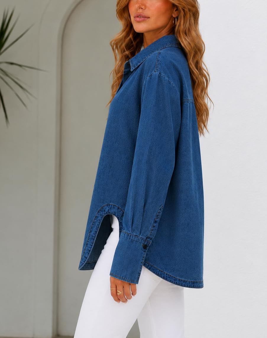 Kedera Damen-Jeans-Shirt, Knopfleiste, lässig, langärmelig, Jeansjacke, Übergröße, Chambray-Bluse