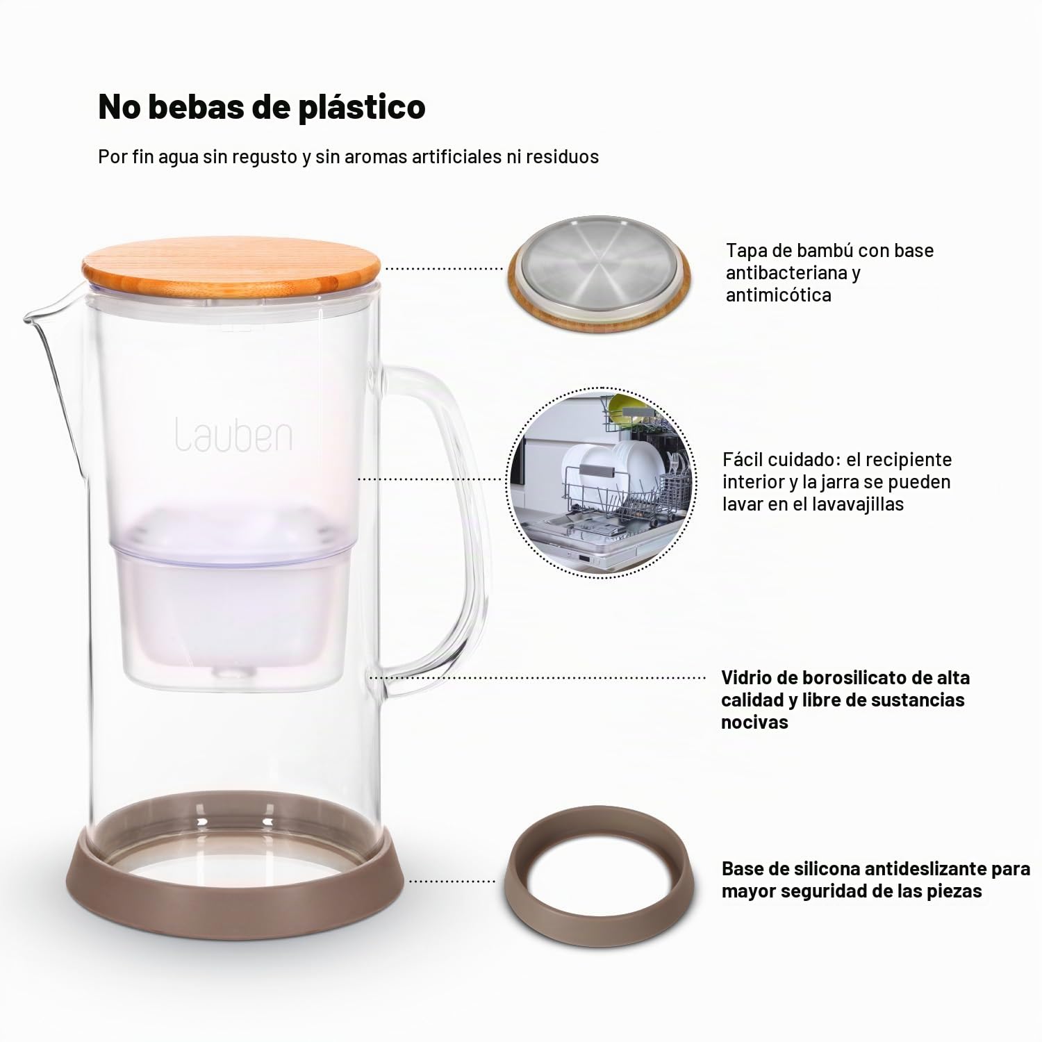 Jarra de filtro Lauben 32 GW, 3.2 l, vidrio borosilicato, cartucho incluido, tapa antibacteriana de bambú