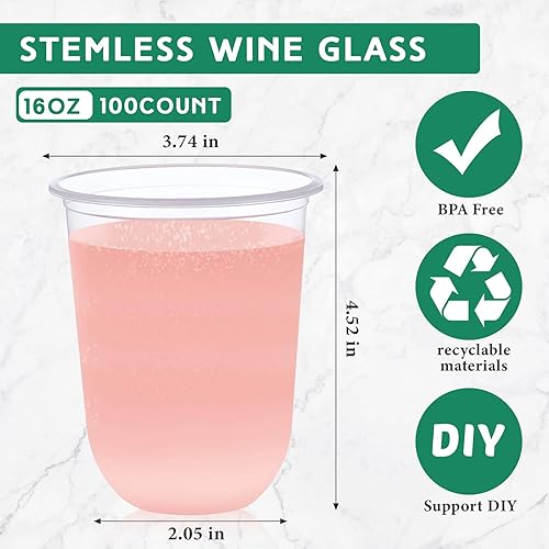 Miniatura 2 de Ziliny 100 copas de vino de plástico sin tallo, desechables, de plástico transparente, para fiestas, bodas, cumpleaños, cócteles (16 onzas)