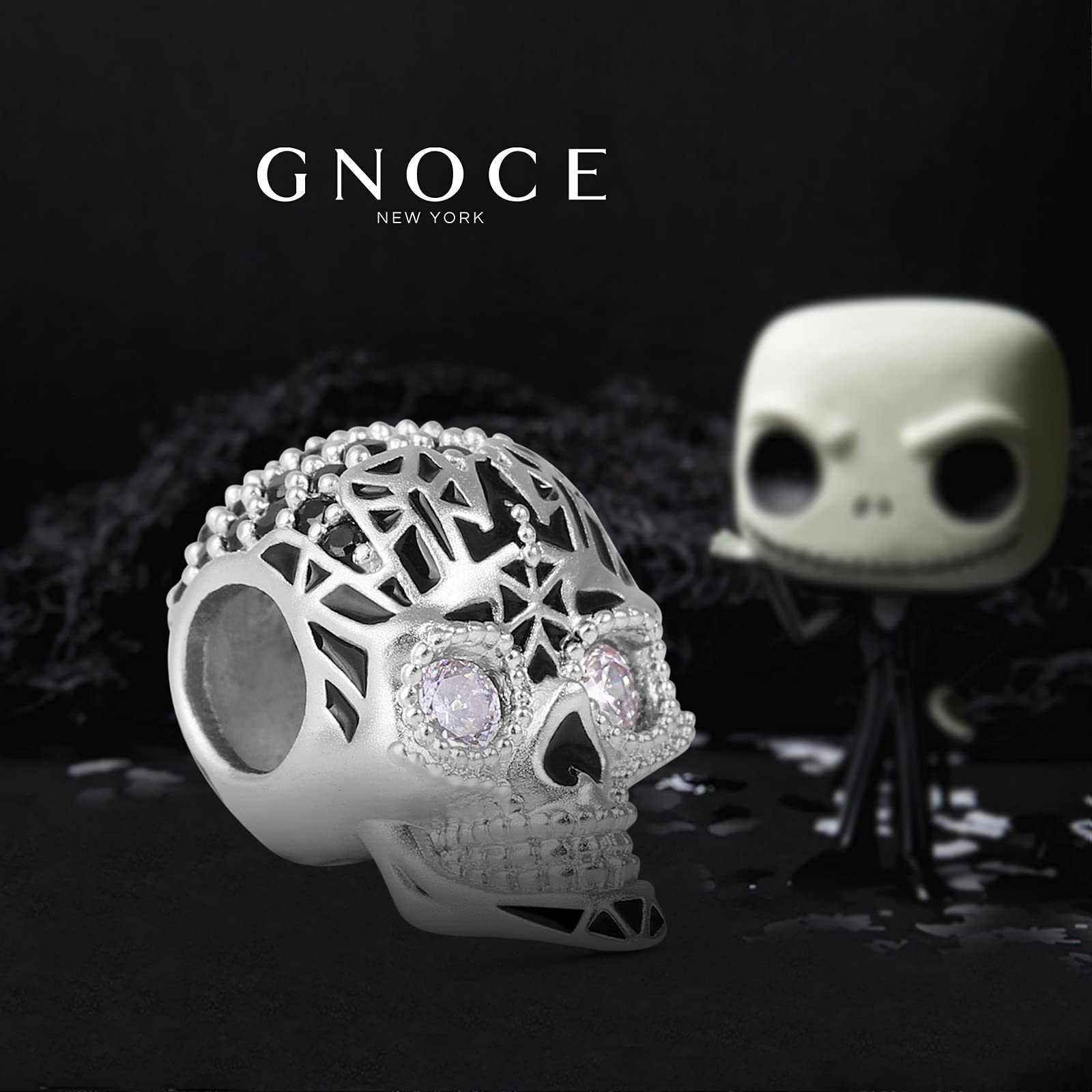 GNOCE Punk Skull Charms Beads 925 Sterling Silver Charm Bead Con Cubic Zirconia Stone Adatto a Tutti i Bracciali/Collana Regalo Fatto a Mano Per Amico