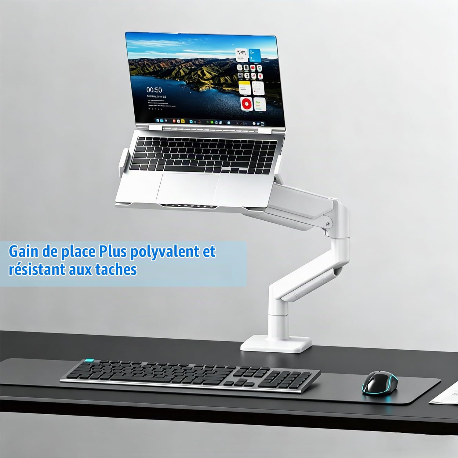 Monitor Arm,Support Pour Ordinateur Portable 2 En 1 Avec Plateau,Capacité Maximale De 10 Kg,Hauteur Réglable,Adapté Aux Ordinateurs Portables De 10 à 17 in,Avec Pince à Trou Rond/Bras De Bureau,Blanc