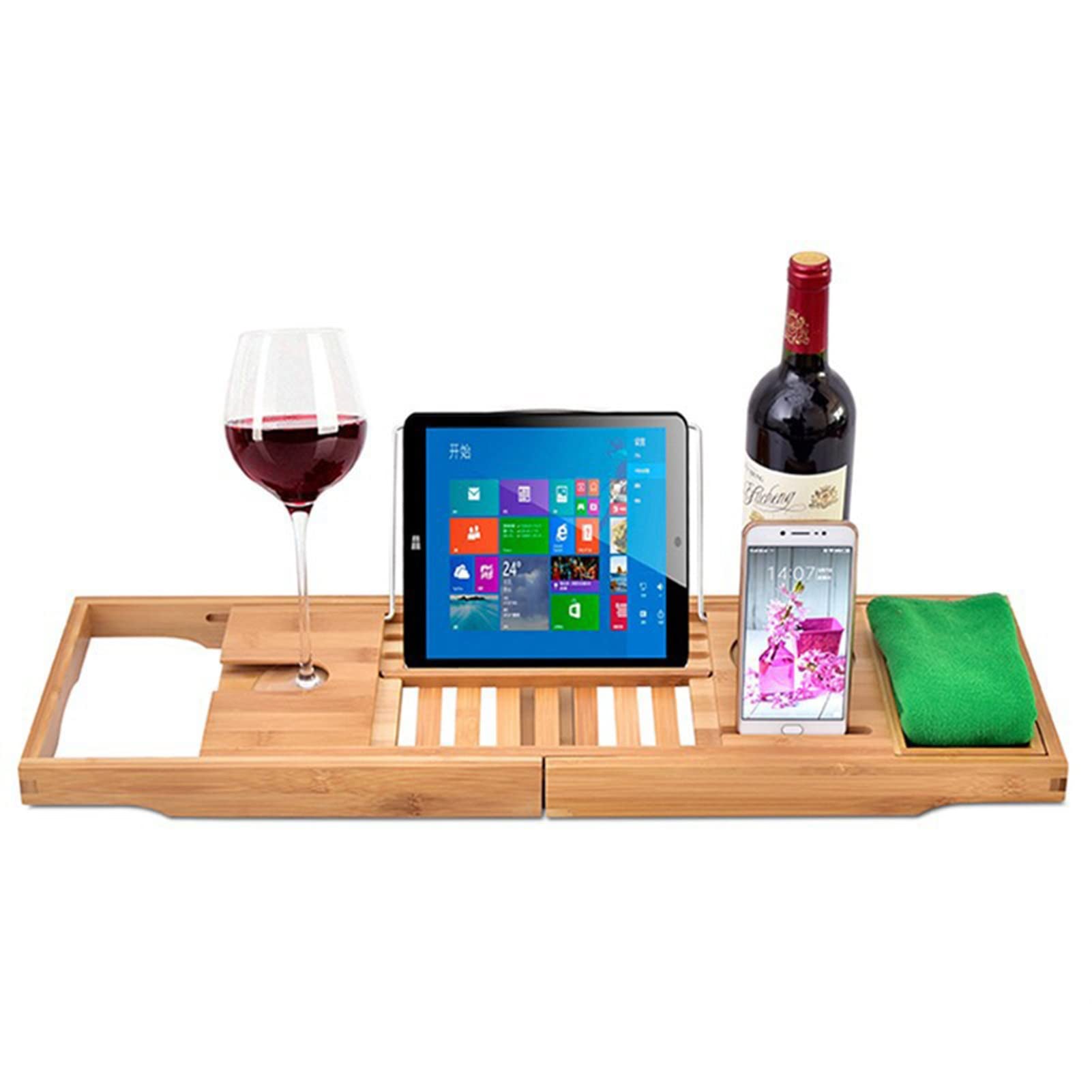 JKJZSALJ Bamboo Expandable Bathtub Caddy Tray For Wooden Luxury Bath, Adjustable Bathtub Tray Table Shelf With Wine Cup Holder Book Holder Phone Space
