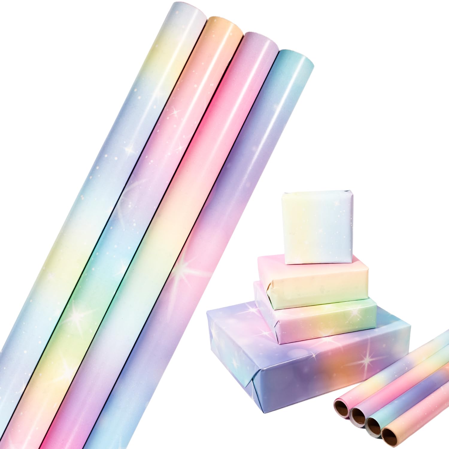 Rainbow Wrapping Paper Roll,4 Rolls Pastel Birthday Wrapping Paper,43cmx3M Colourful Gift Wrapping Paper for Birthday,Baby Shower,Party, Christmas,Festive Decorations(rainbows)