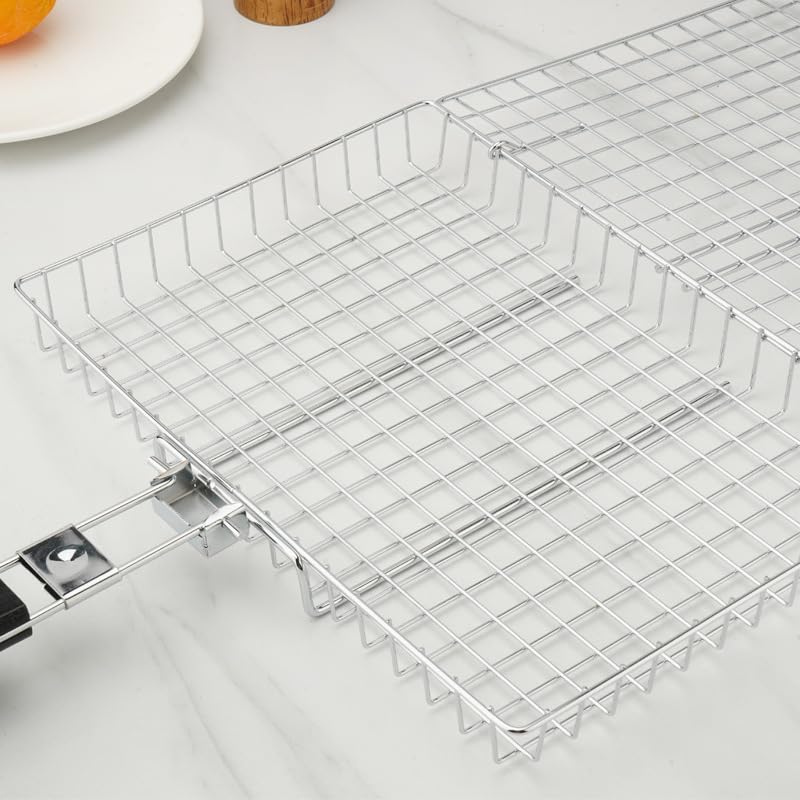 BRAVECOW BBQ Grill Basket Portable Lightweight Anti-scalding Wooden Handle Plating Folding Barbecue Grill Basket Net for Fish Vegetables Meat Chicken Corn - Image 4