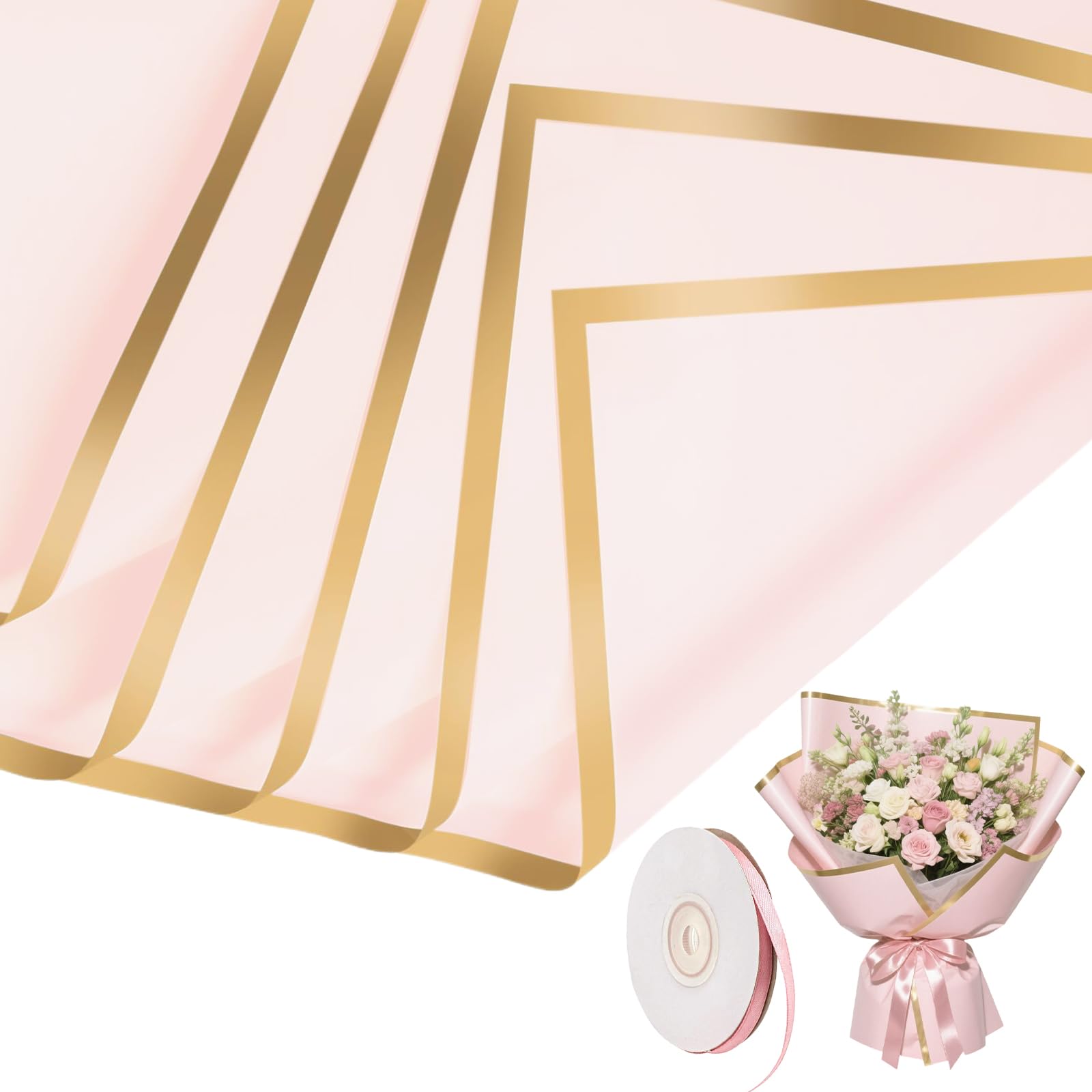20 Sheets Flower Bouquet Wrapping Paper,Waterproof Flower Wrapping Paper,Flowers Gift Wrapping Papers with Ribbons, Butterfly Decorations for Flowers Shop Bouquet Packaging (Pink)