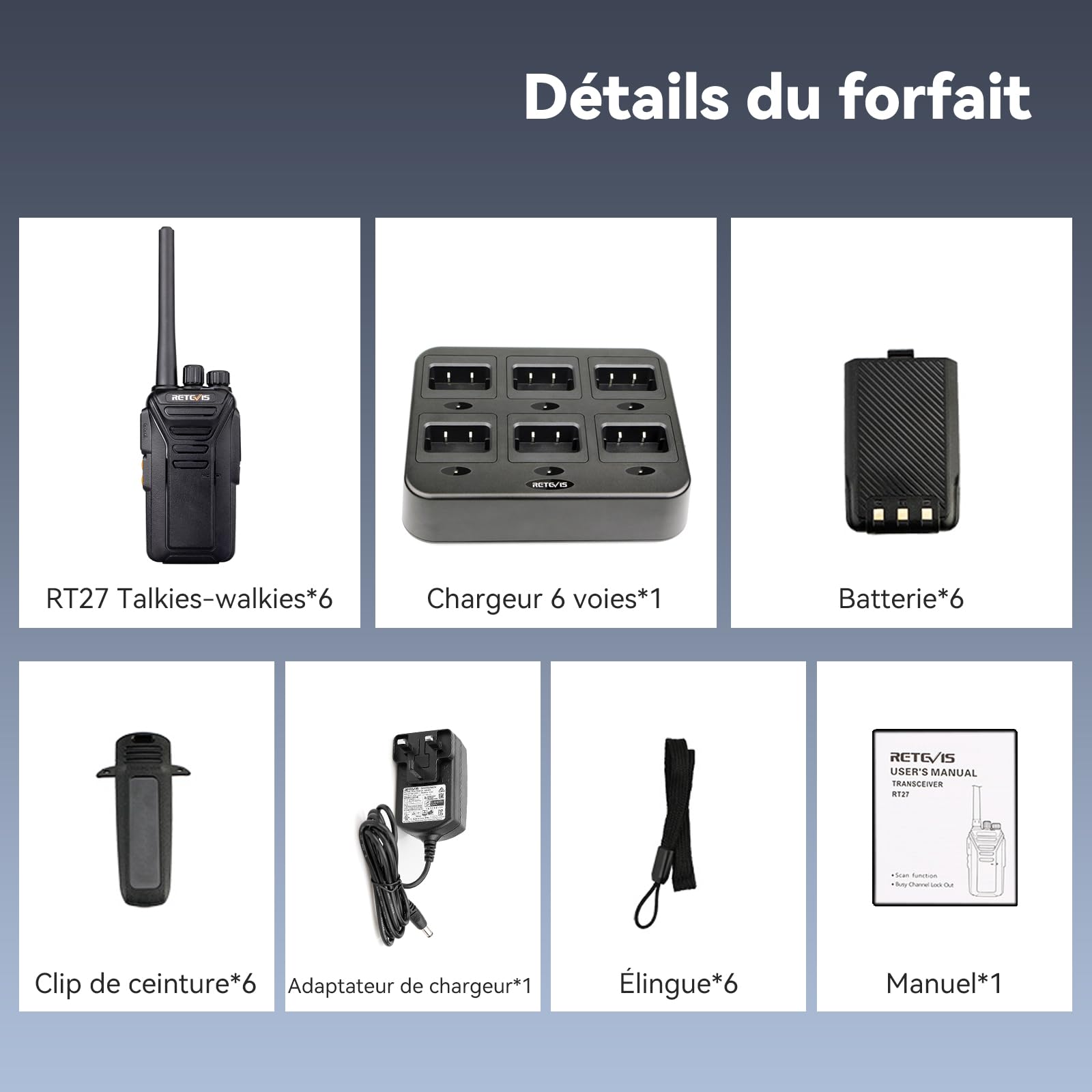 Retevis RT27 Talkie Walkies Professionnel, Longue Portée Talkie -Walkie Rechargeable avec Chargeur à 6 RMR 446 sans Licence, Radio Bidirectionnelle pour Camp Sécurité, Fabricant (6 Pièces)