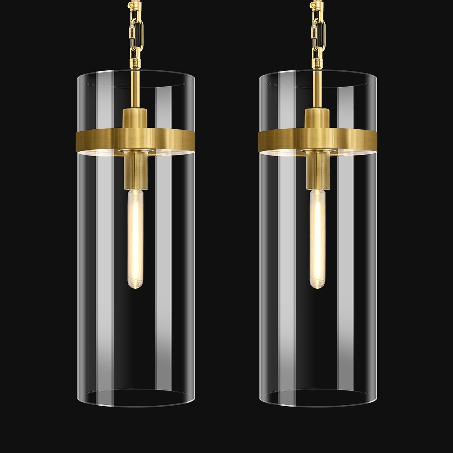 Modern Large Glass Kitchen Island Pendant Light, 2 Pack 13.7''' Brass Clear Adjustable Island Pendant Lights,1 Light Indoor Pendant Light, for Kitchen Dining Bathroom Bedroom,Included 2 Bulb 2Pack gold 13.7IN