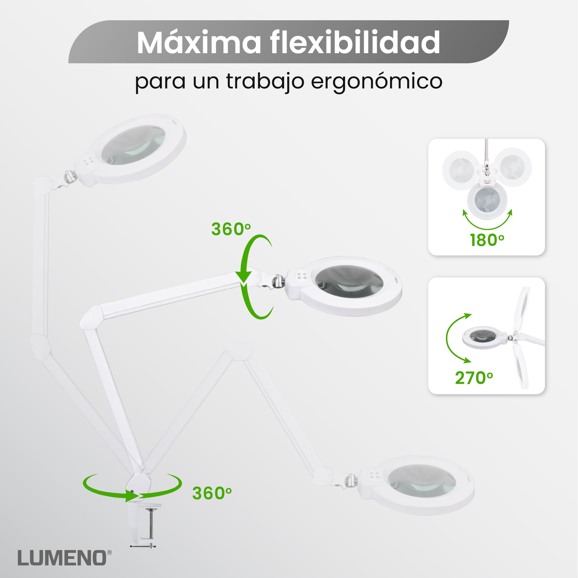 Lumeno 8245PRO Lupa LED con gran lente de cristal auténtico de 172 mm, regulable con interruptor de segmentos y robusta carcasa metálica ideal como ayuda de lectura, para trabajos manuale, 5 dioptrías