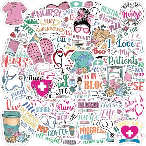 WorldBazaar Nurses Appreciation Stickers 100 Pcs Vinyl Waterproof Funny Nurse Stickers Thank You Nurse Graduation Gifts Bulk Decals Laptop Notebook Water Bottles Nursing School