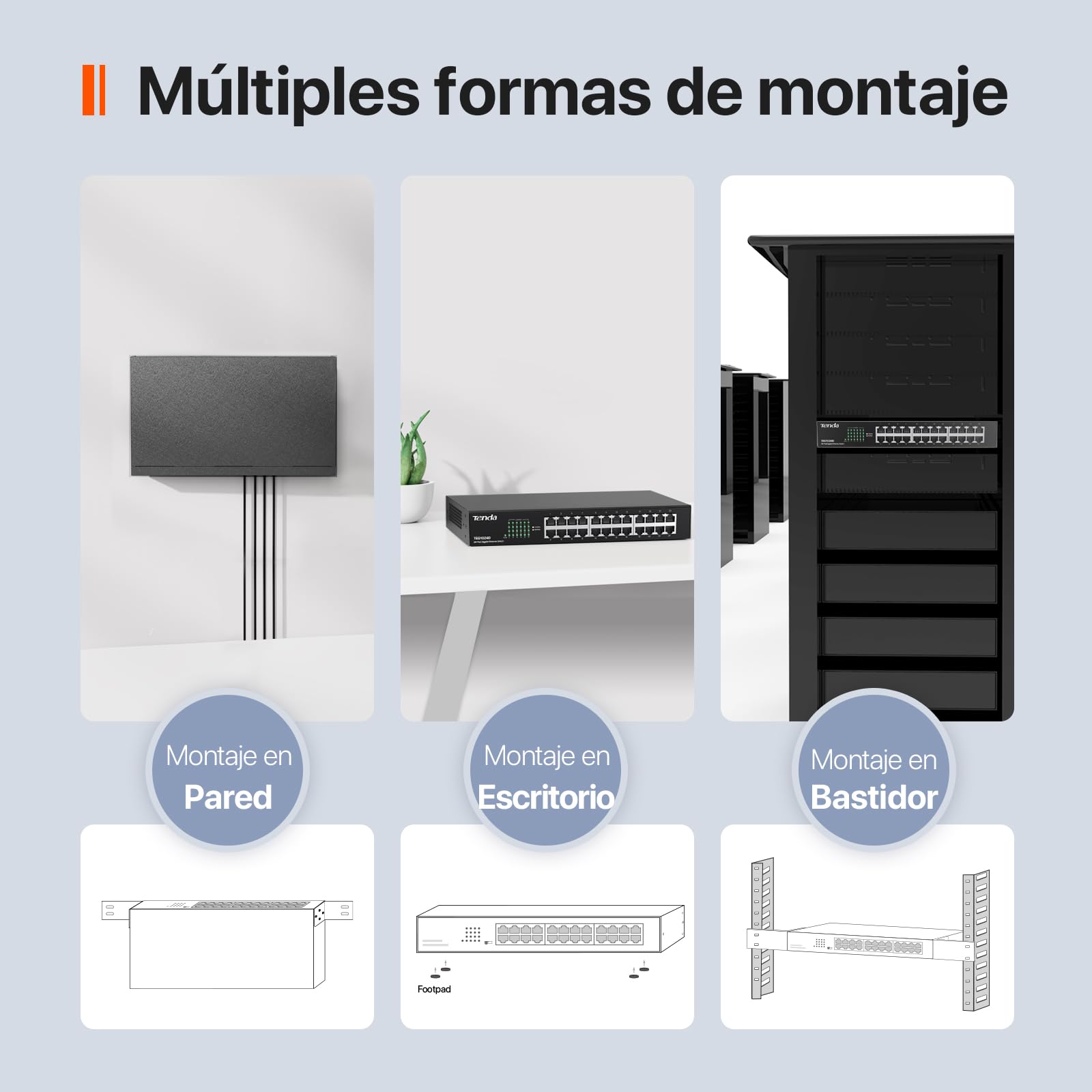 Tenda TEG1024D Gigabit Ethernet Switch, 24 Puerto RJ45, 48 Gbit/s,10/100/1000 Mbps, Auto MDI/MDIX, Montaje en Escritorio/Rack, Protección Profesional contra Rayos, No Administrado, Plug & Play, Metal