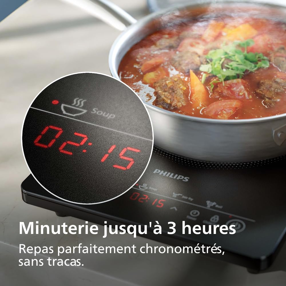 Philips Plaque à induction Série 3000 - Plaque électrique portable, 8 niveaux de chauffe, 4 programmes de cuisson, puissance élevée de 2000W, avec arrêt automatique, Écran tactile (HD5830/90) | 2000 W, 8 niveaux de chaleur, 4 programmes de cuisson, plaque