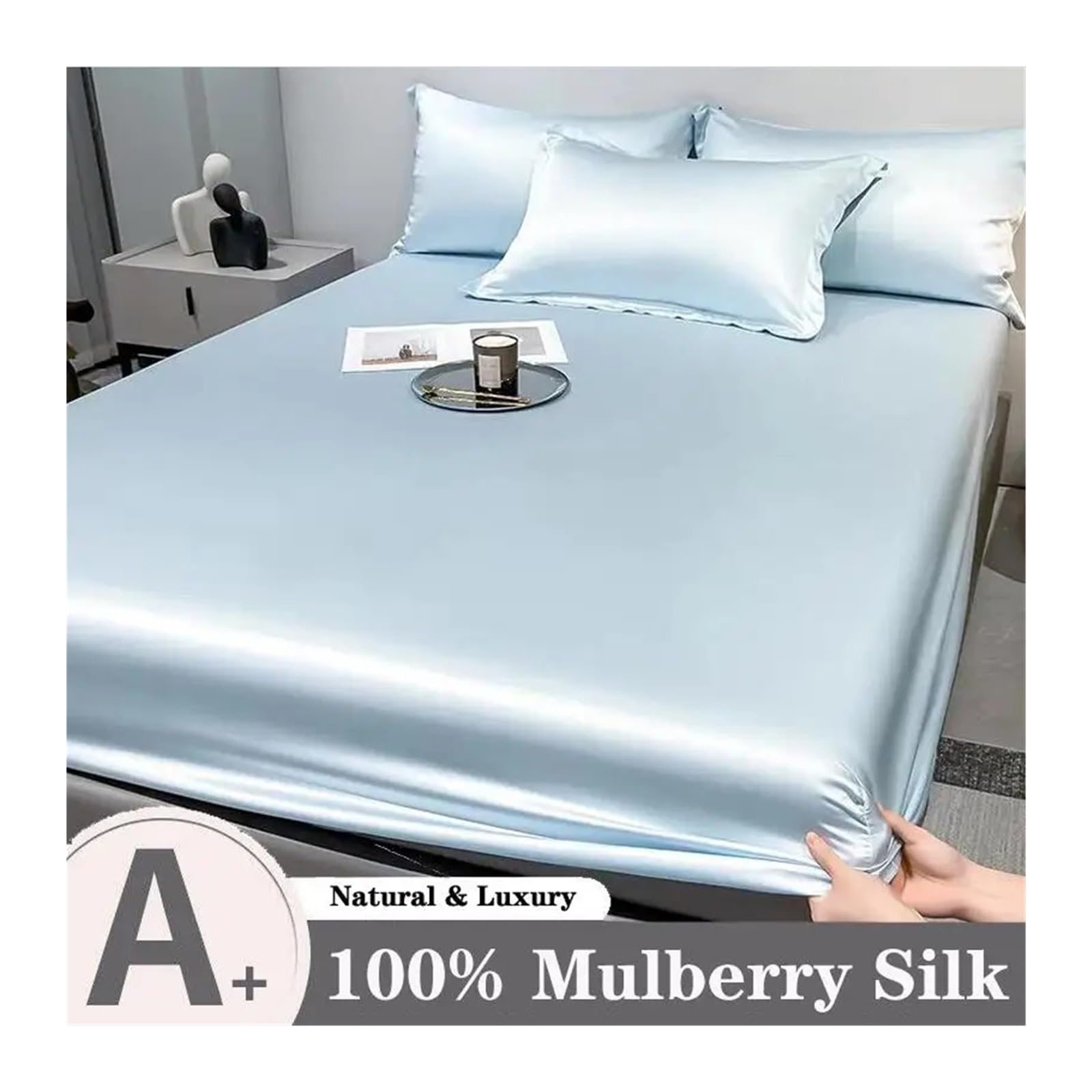 Lenzuola Di Seta Coprimaterasso di lusso con lenzuolo angoli in seta gelso Copriletto singolo matrimoniale king size queen fascia alta(Love Pink,120x200x30.0cm)