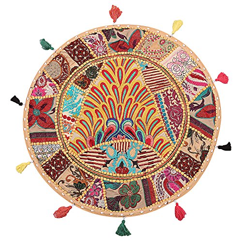 Stylo Culture Ethnic Meditation Cushion Floor Pillow Vintage Patchwork Cushion Cover Beige Big Round Floor Pillow 22" Decorative Decor Seating Tuffet Seat Pouf Cover Footstool Cotton Embroidered 1 Pc