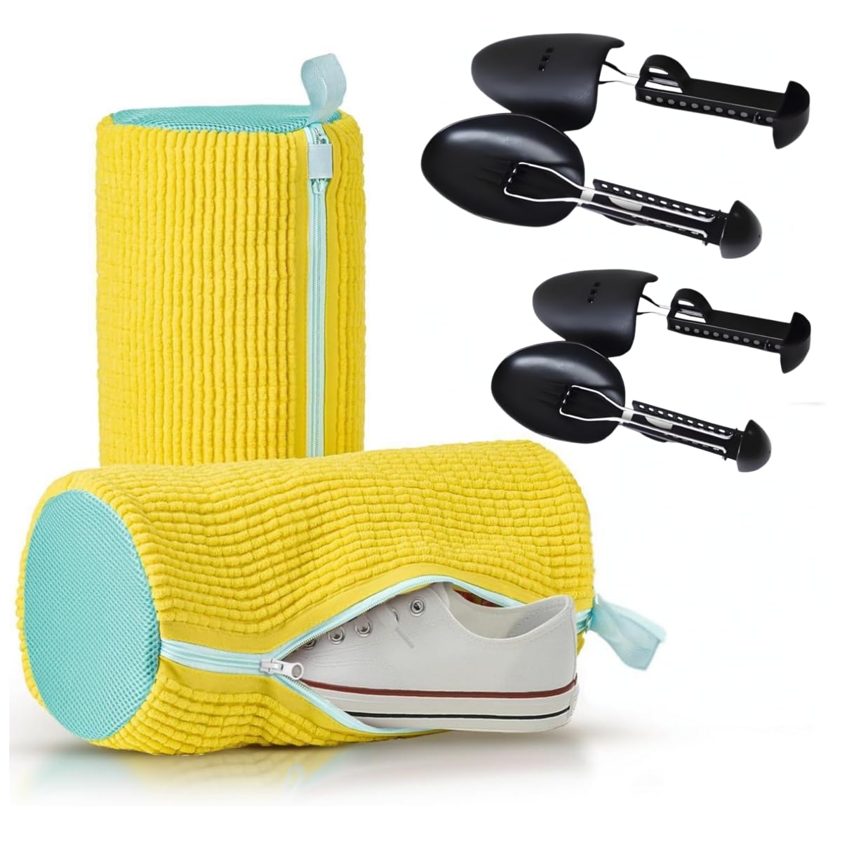2 Pack Shoe Washing Machine Bags with 2 Adjustable Shoe Trees – Mesh Laundry Bags with Zipper & Hook for Sneakers, Trainers, Canvas, Tennis & Running Shoes – Reusable & Portable Shoe Cleaning Kit